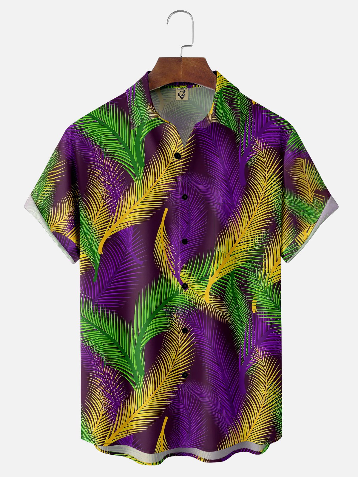 Moisture-wicking Mardi Gras Art Feather Purple Chest Pocket Hawaiian Shirt