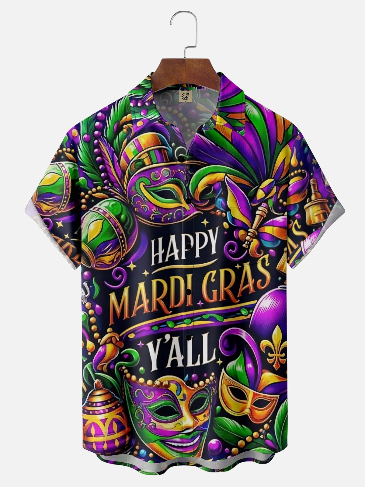 Moisture-wicking Mardi Gras Art Font Mask Purple Chest Pocket Hawaiian Shirt