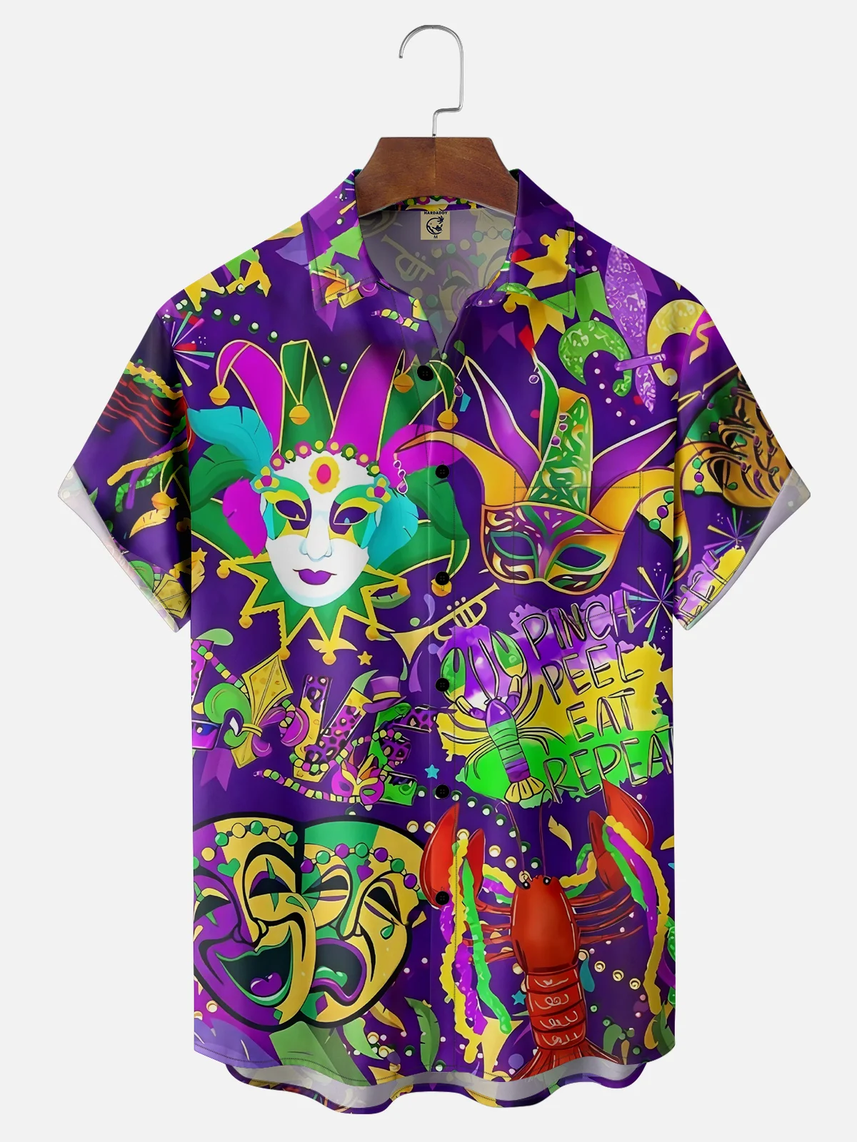 Moisture-wicking Mardi Gras Art Mask Purple Chest Pocket Hawaiian Shirt