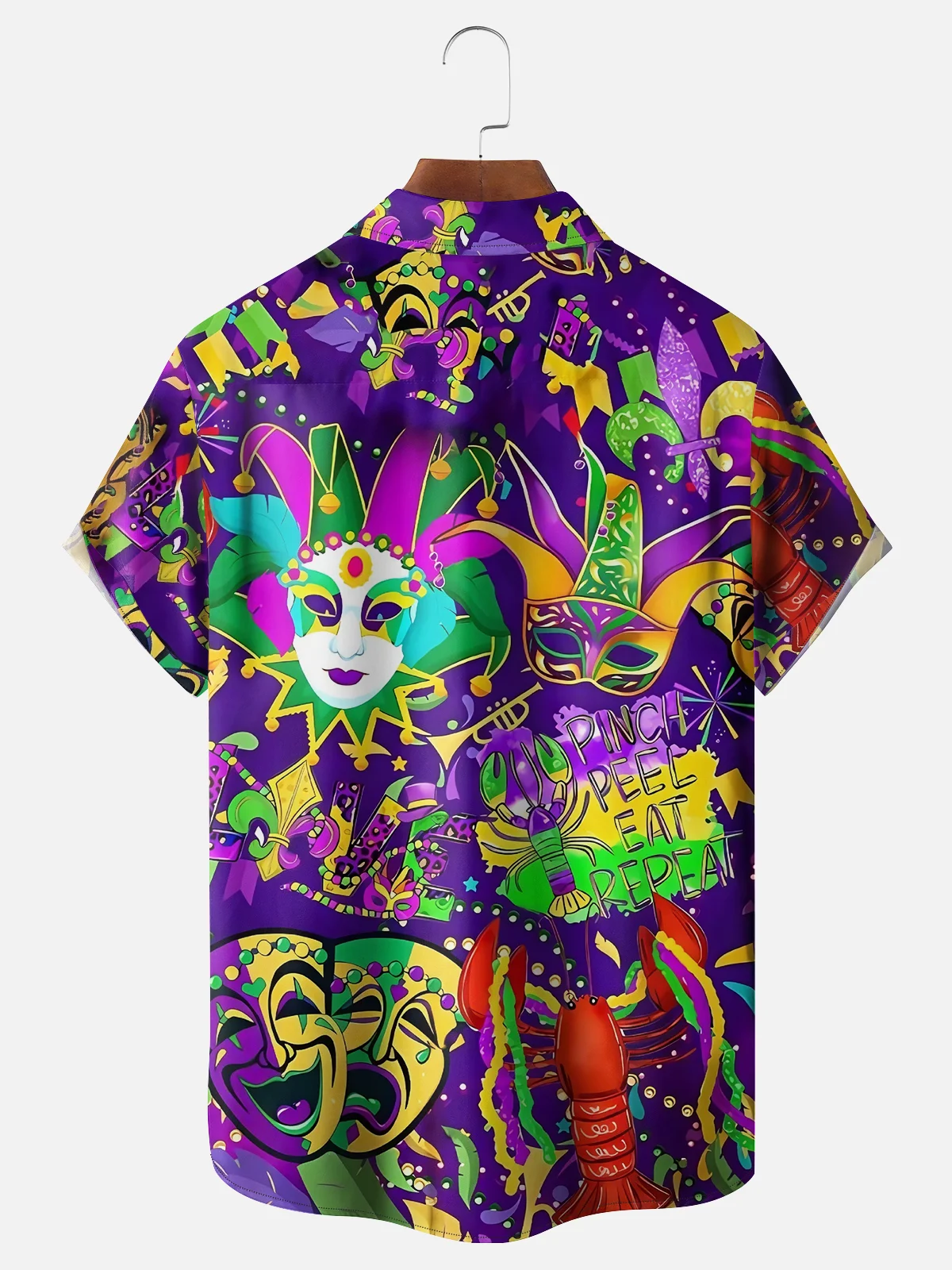 Moisture-wicking Mardi Gras Art Mask Purple Chest Pocket Hawaiian Shirt