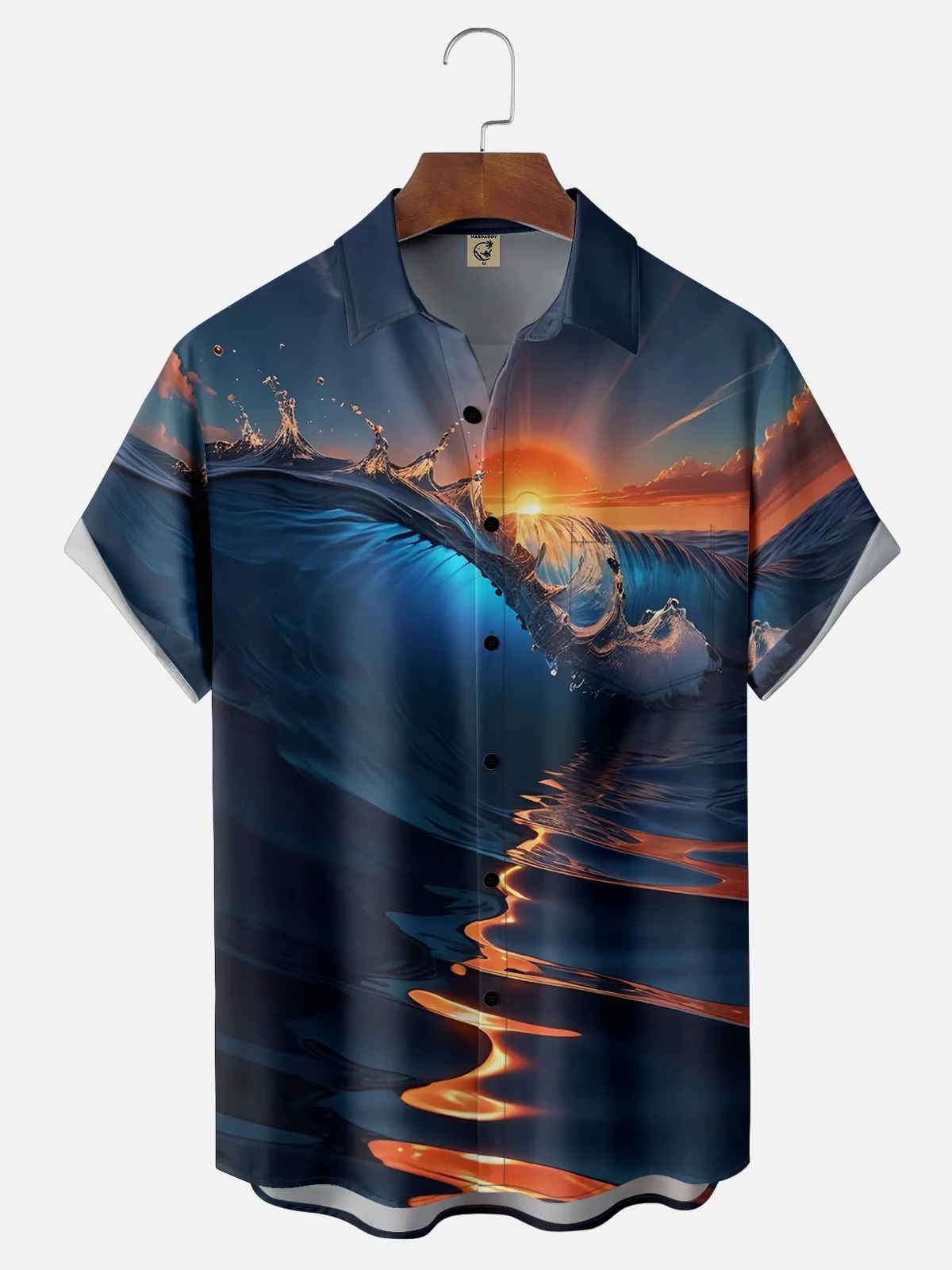 Moisture-wicking Sunset Ocean Spray Art Chest Pocket Hawaiian Shirt