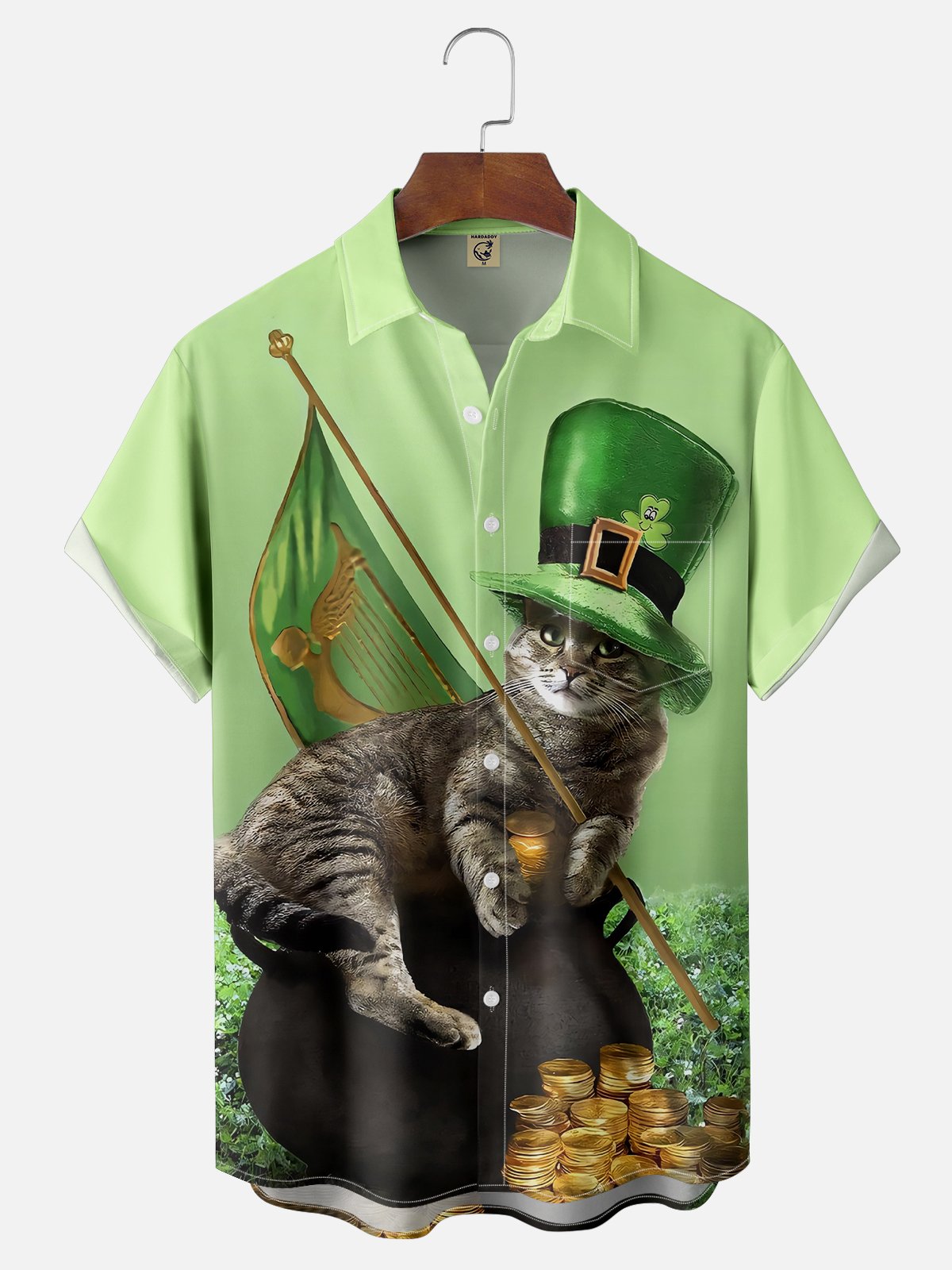 Moisture-wicking St. Patrick's Day Cat Shamrock Chest Pocket Hawaiian Shirt