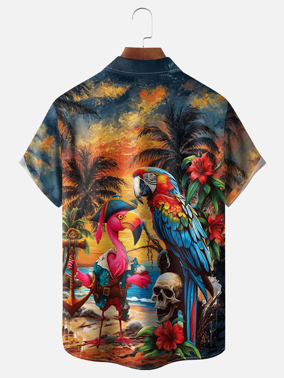 Moisture Wicking Hawaiian Pirate Flamingo Parrot Chest Pocket Casual Shirt