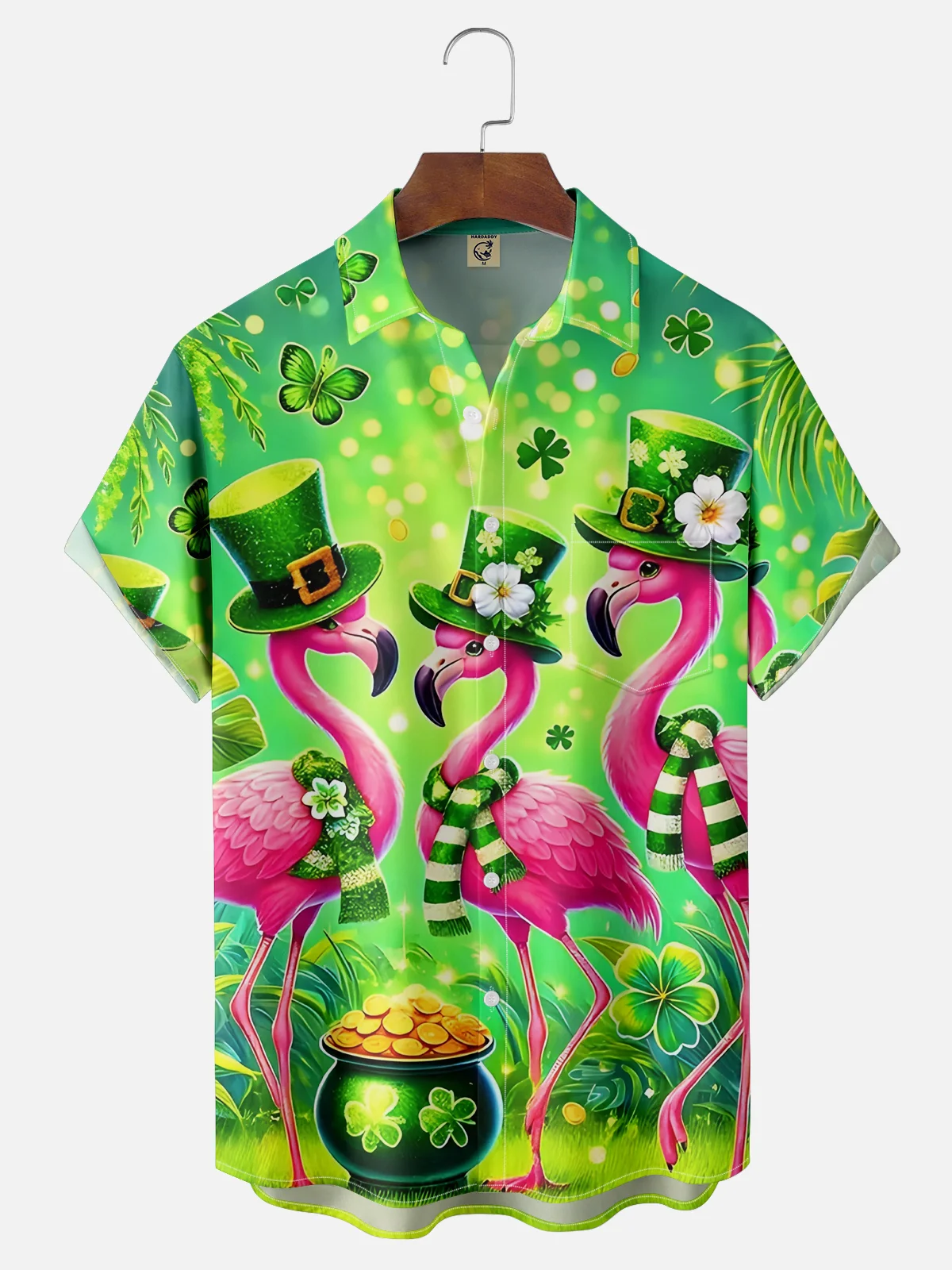 Moisture Wicking St. Patrick's Day Four Leaf Clover Flamingo Chest Pocket Casual Shirt