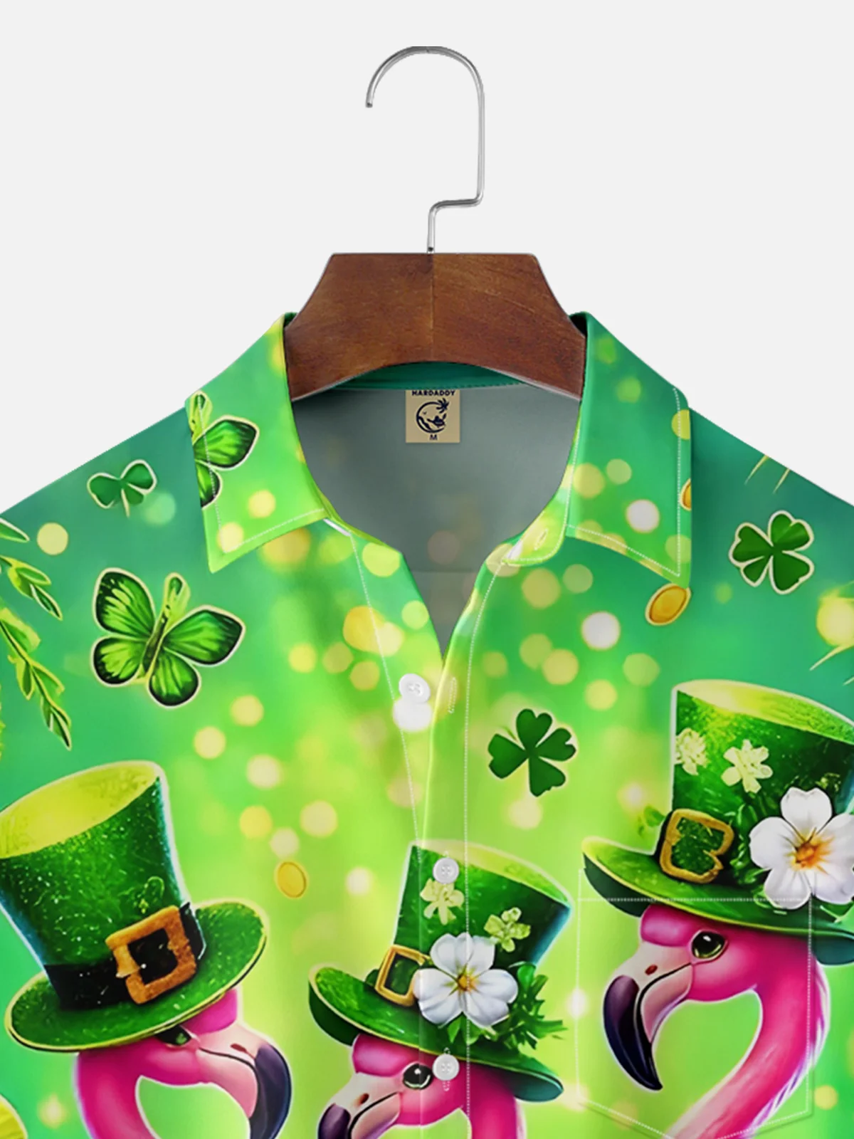 Moisture Wicking St. Patrick's Day Four Leaf Clover Flamingo Chest Pocket Casual Shirt