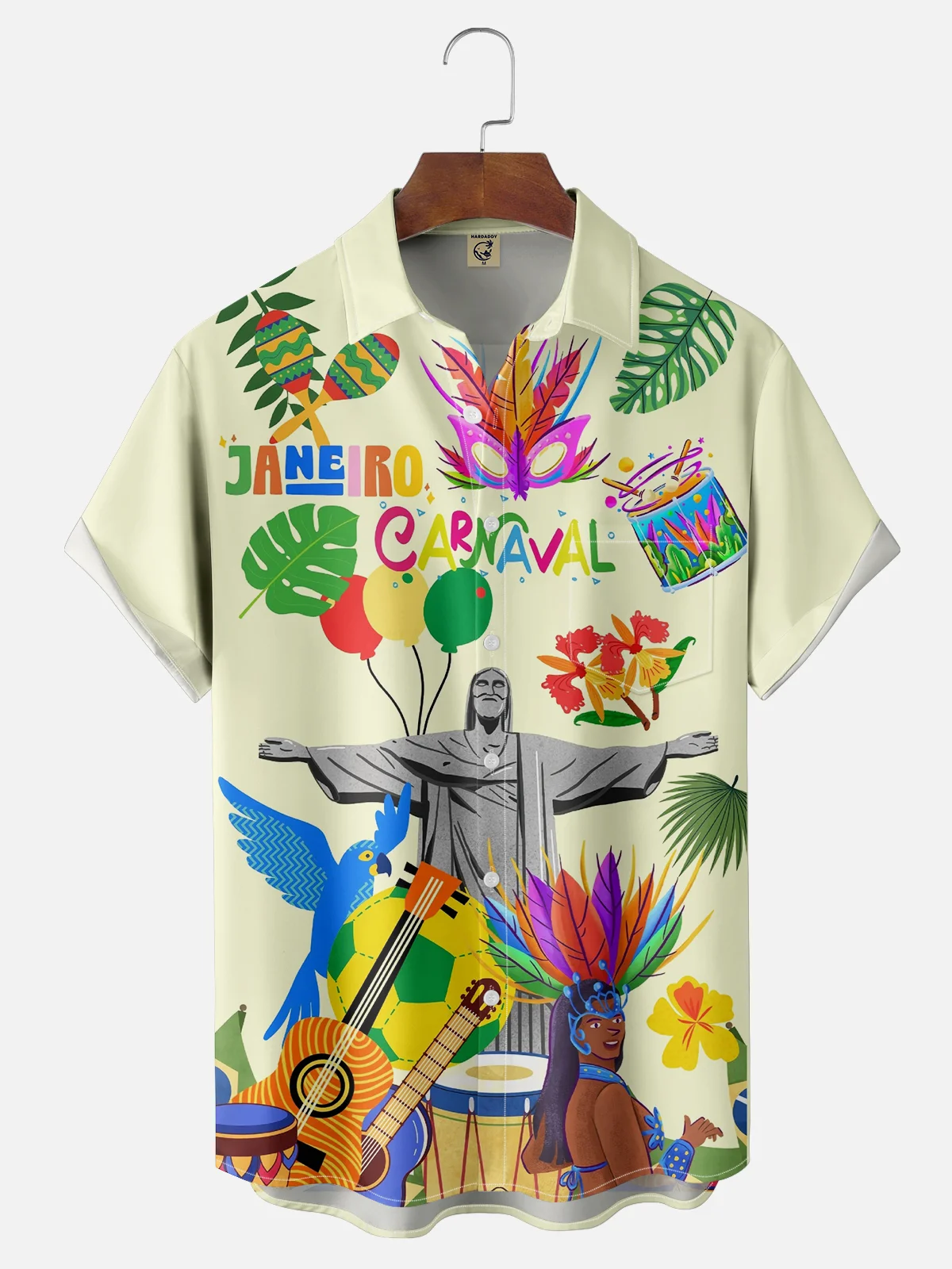 Moisture-wicking Mardi Gras Mask Parrot Guitar Chest Pocket Casual Shirt