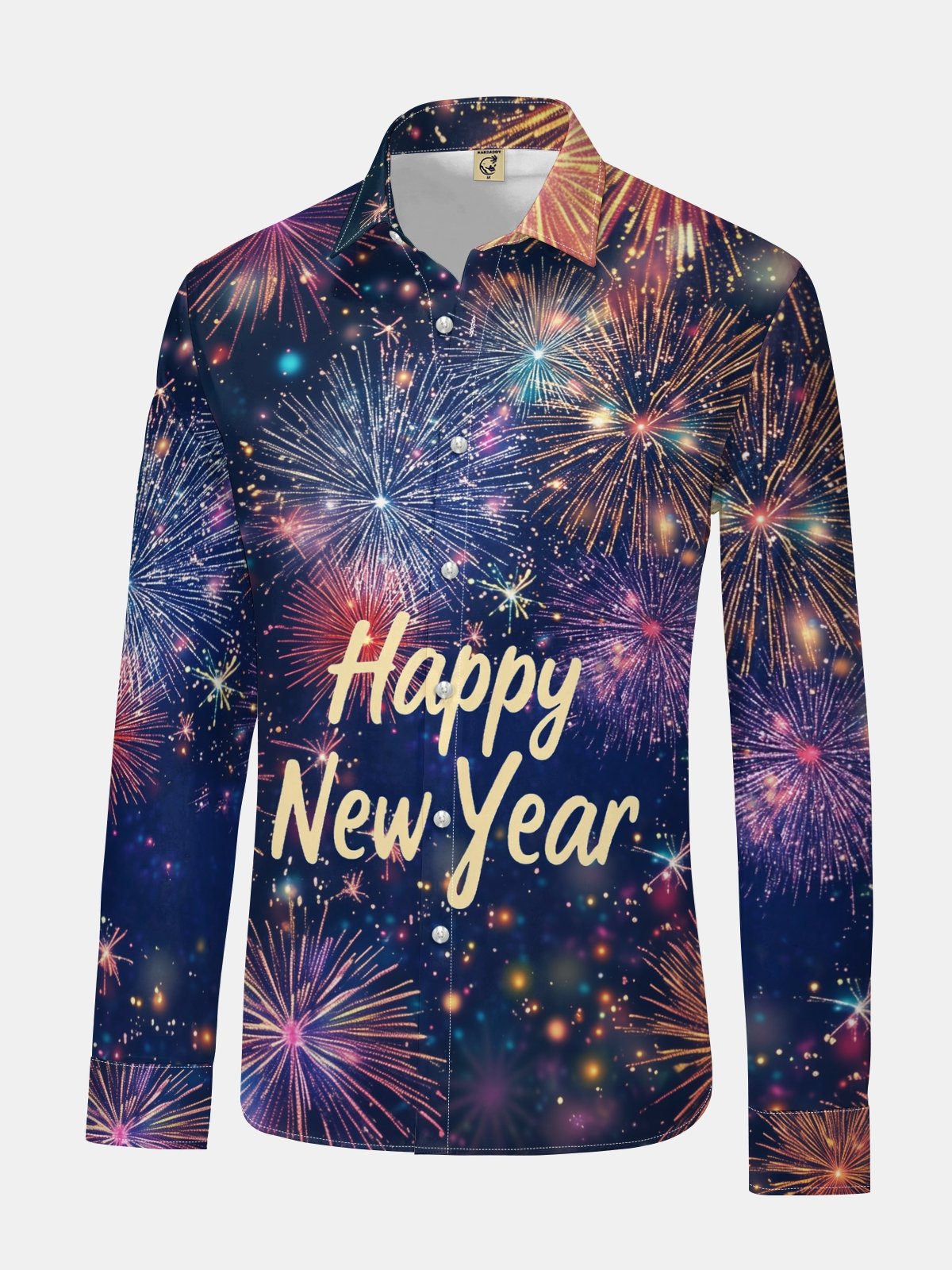 Happy New Year Fireworks Slogan Long Sleeve Casual Dress Shirt