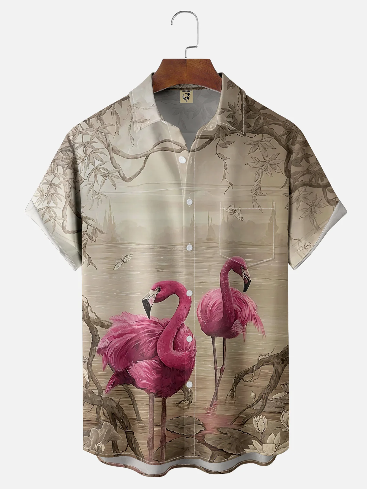 Moisture-wicking Flamingo Chest Pocket Hawaiian Shirt