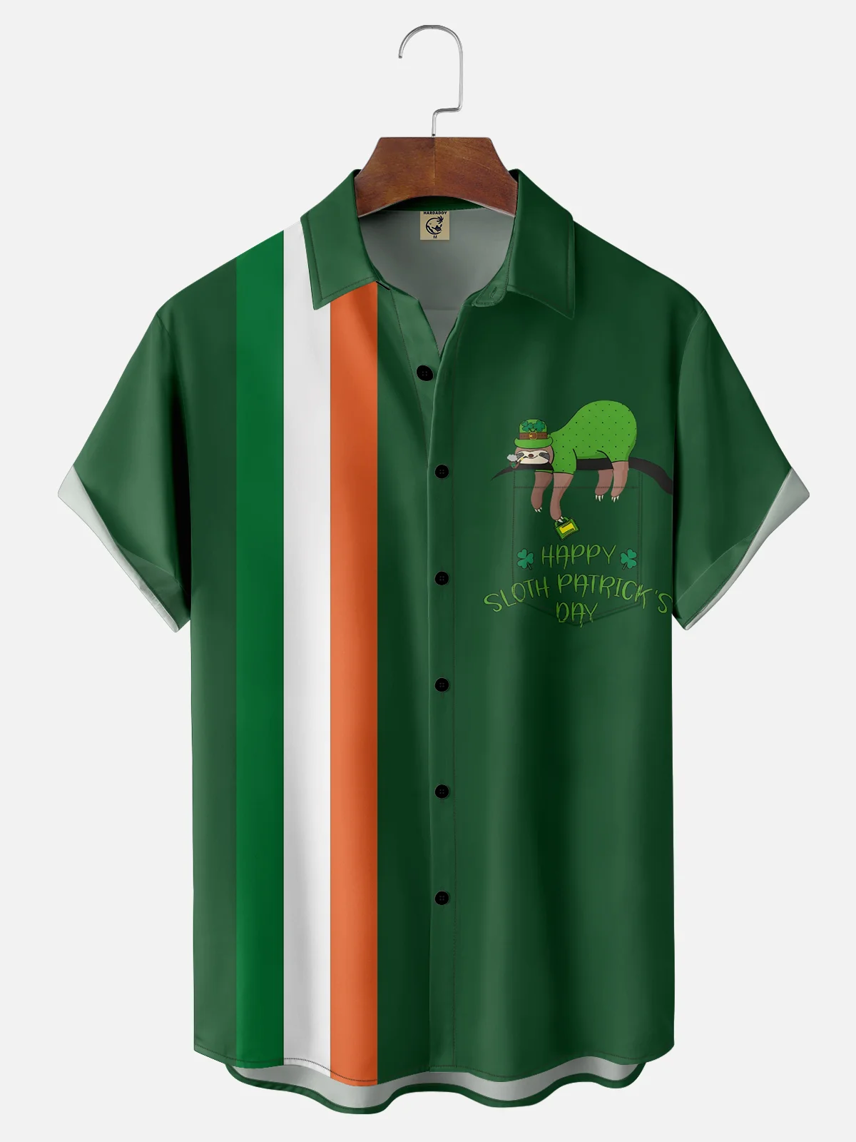 Moisture-wicking St. Patrick's Day Sloth Shamrock Chest Pocket Bowling Shirt