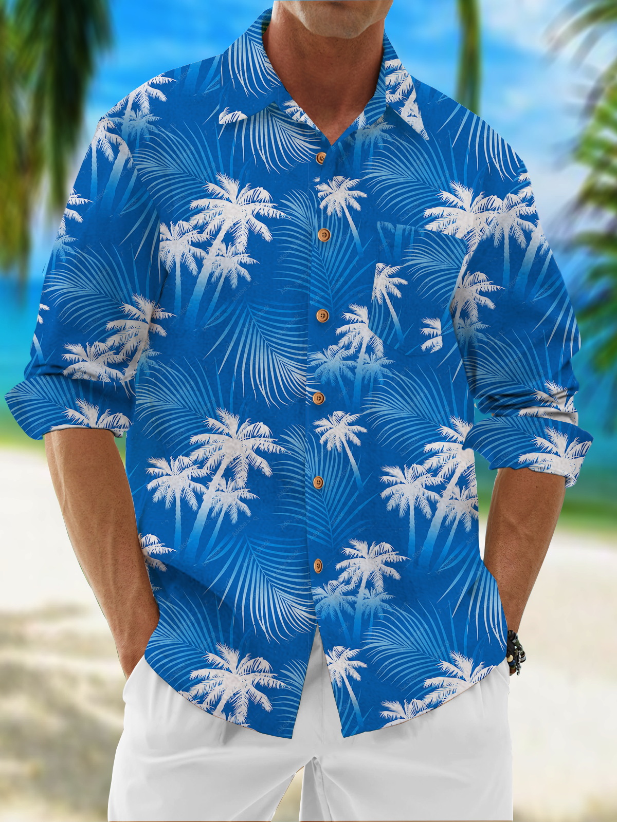 Moisture Wicking Plant Coconut Tree Chest Pocket Long Sleeve Casual Shirt