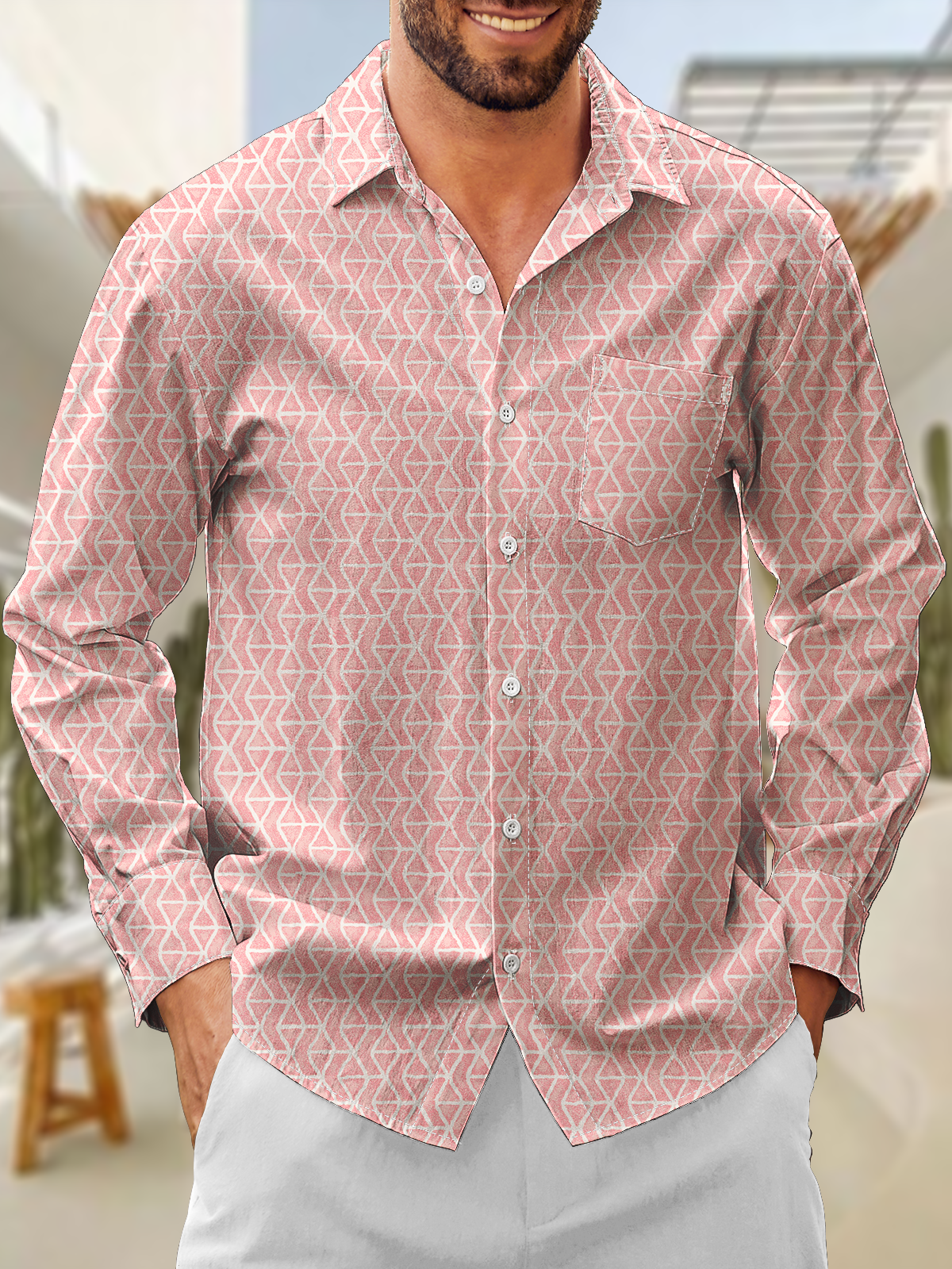 Moisture Wicking Geometric Lines Chest Pocket Long Sleeves Casual Shirt