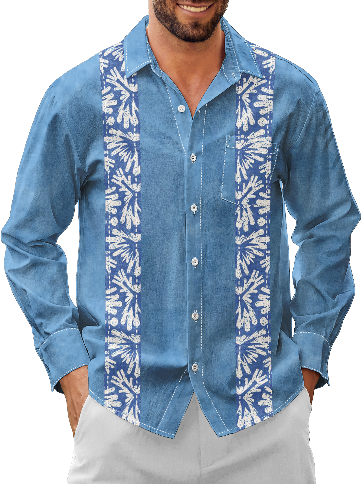 Moisture Wicking Stripes Floral Floral Chest Pocket Long Sleeve Guayabera Shirt