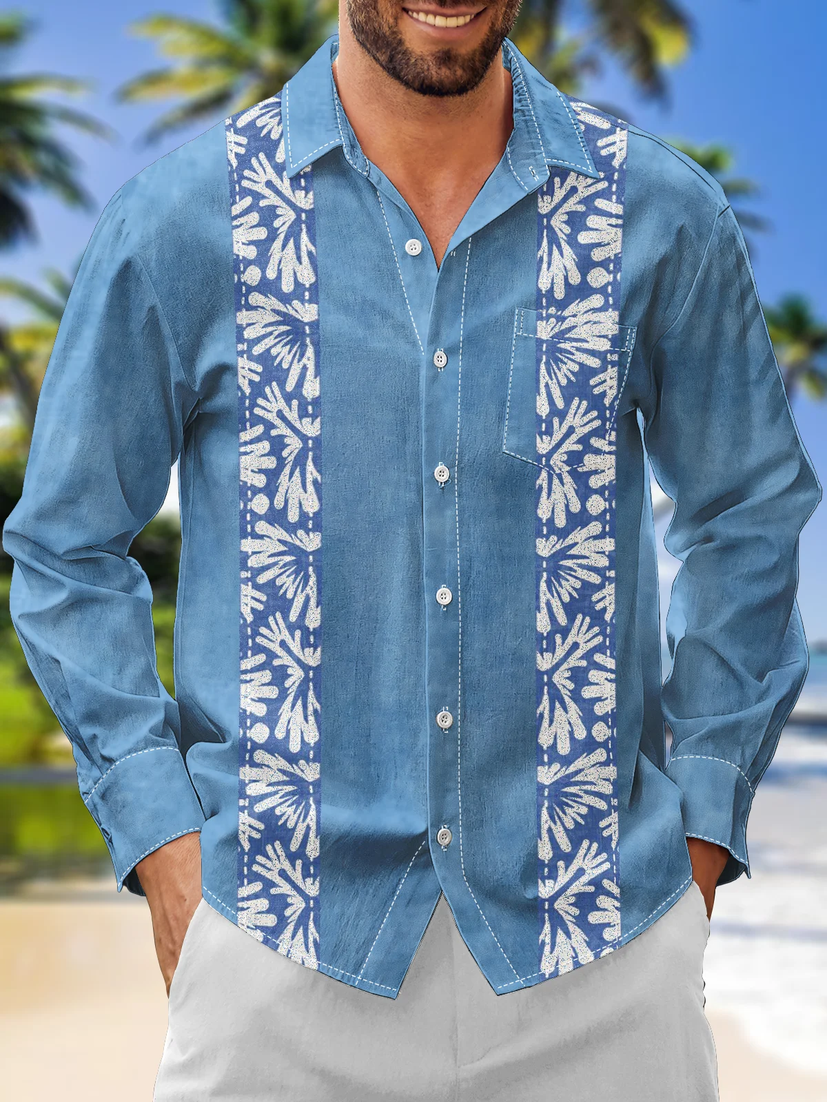 Moisture Wicking Stripes Floral Floral Chest Pocket Long Sleeve Guayabera Shirt