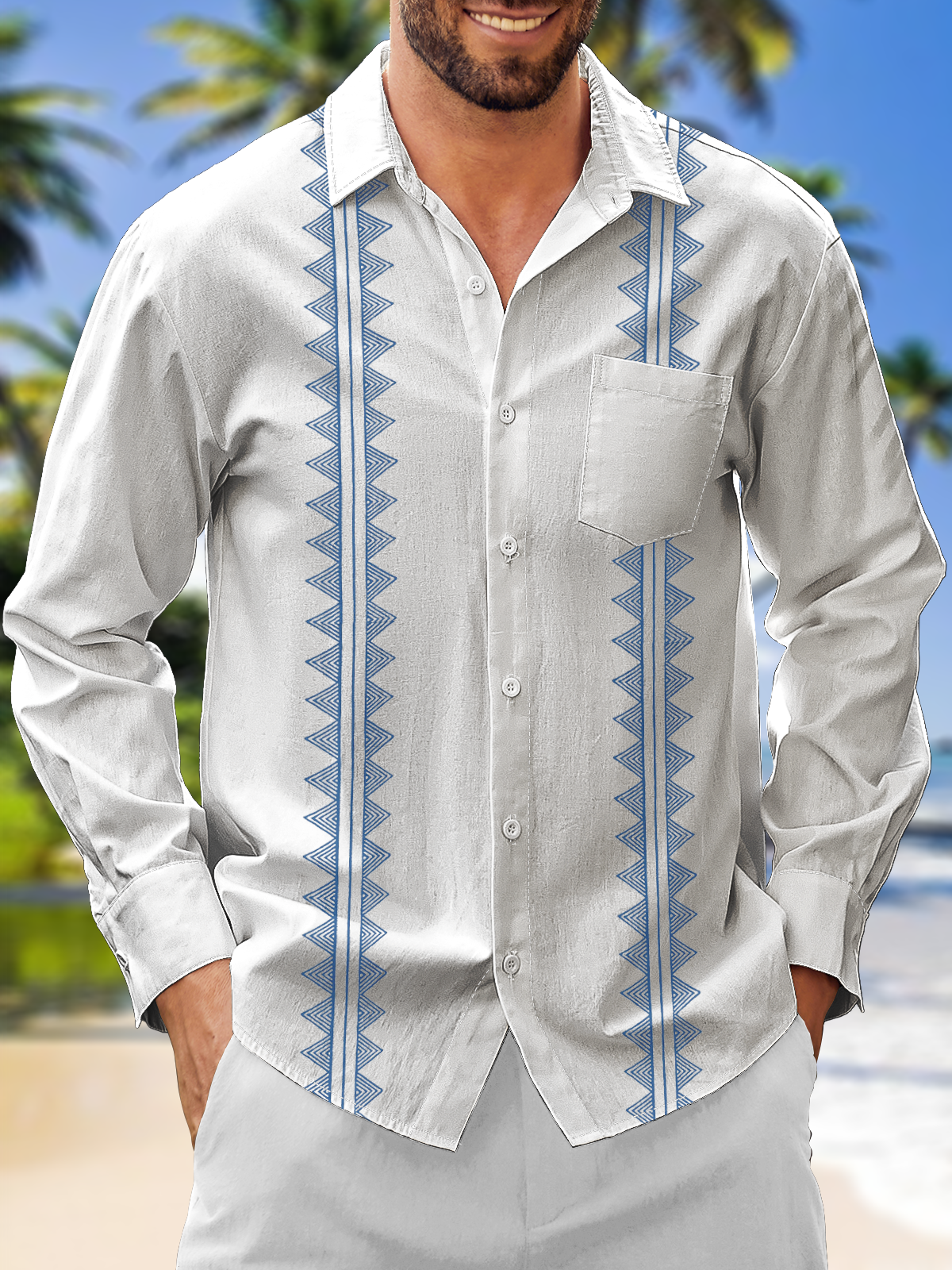 Moisture Wicking Geometric Stripes Chest Pocket Long Sleeve Guayabera Shirt