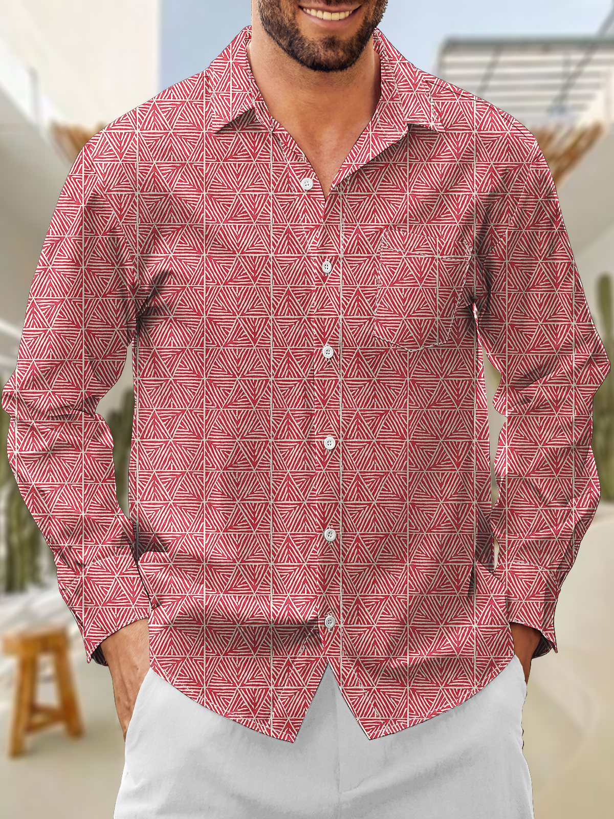 Moisture wicking Geometric Check Lines Chest pocket Long sleeves Casual shirt