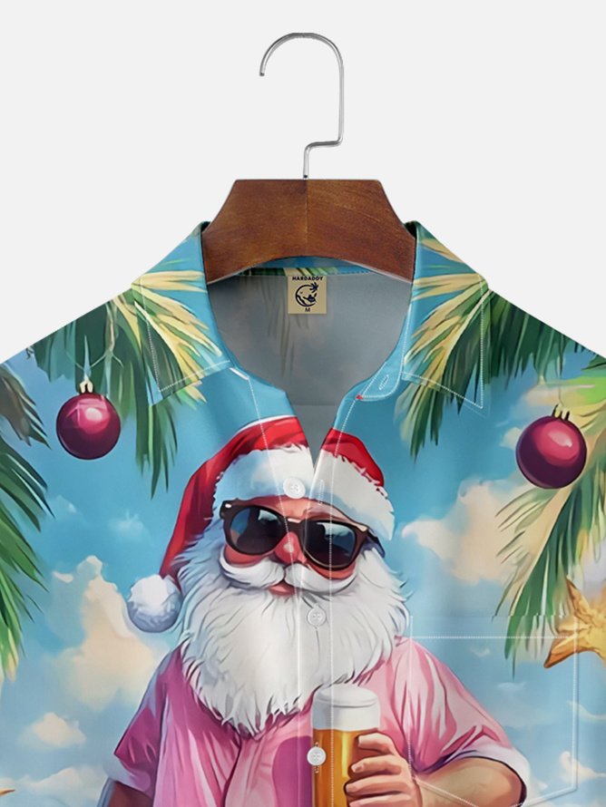 Tall Size Moisture Wicking Christmas Santa Holiday Chest Pocket Casual Shirt