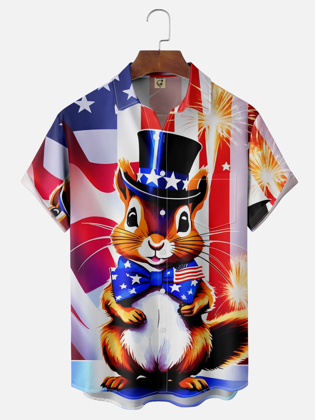 Moisture-wicking National American Flag Squirrel Chest Pocket Casual Patriotic Shirt