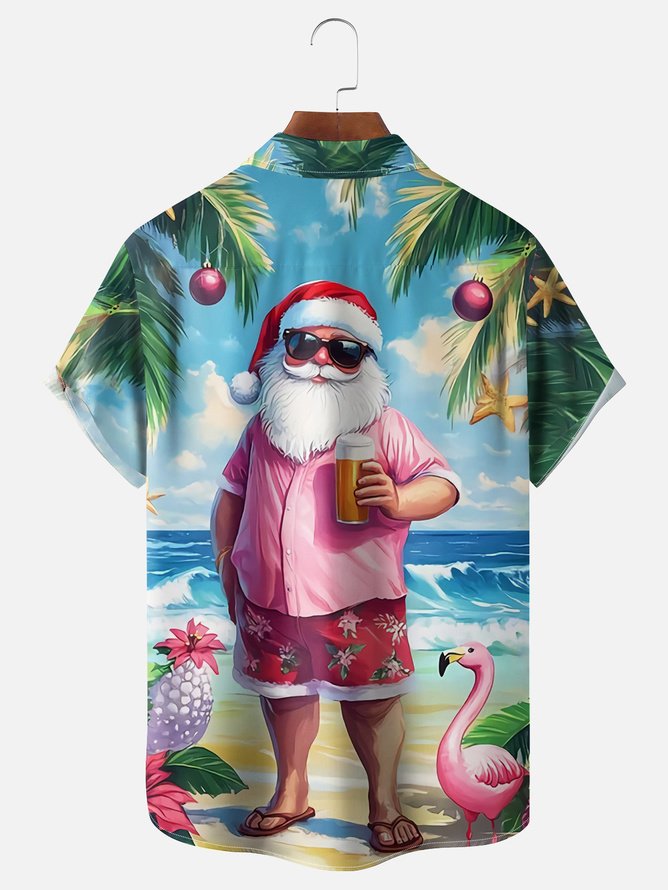 Tall Size Moisture Wicking Christmas Santa Holiday Chest Pocket Casual Shirt