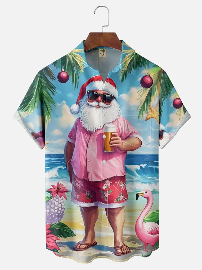 Tall Size Moisture Wicking Christmas Santa Holiday Chest Pocket Casual Shirt