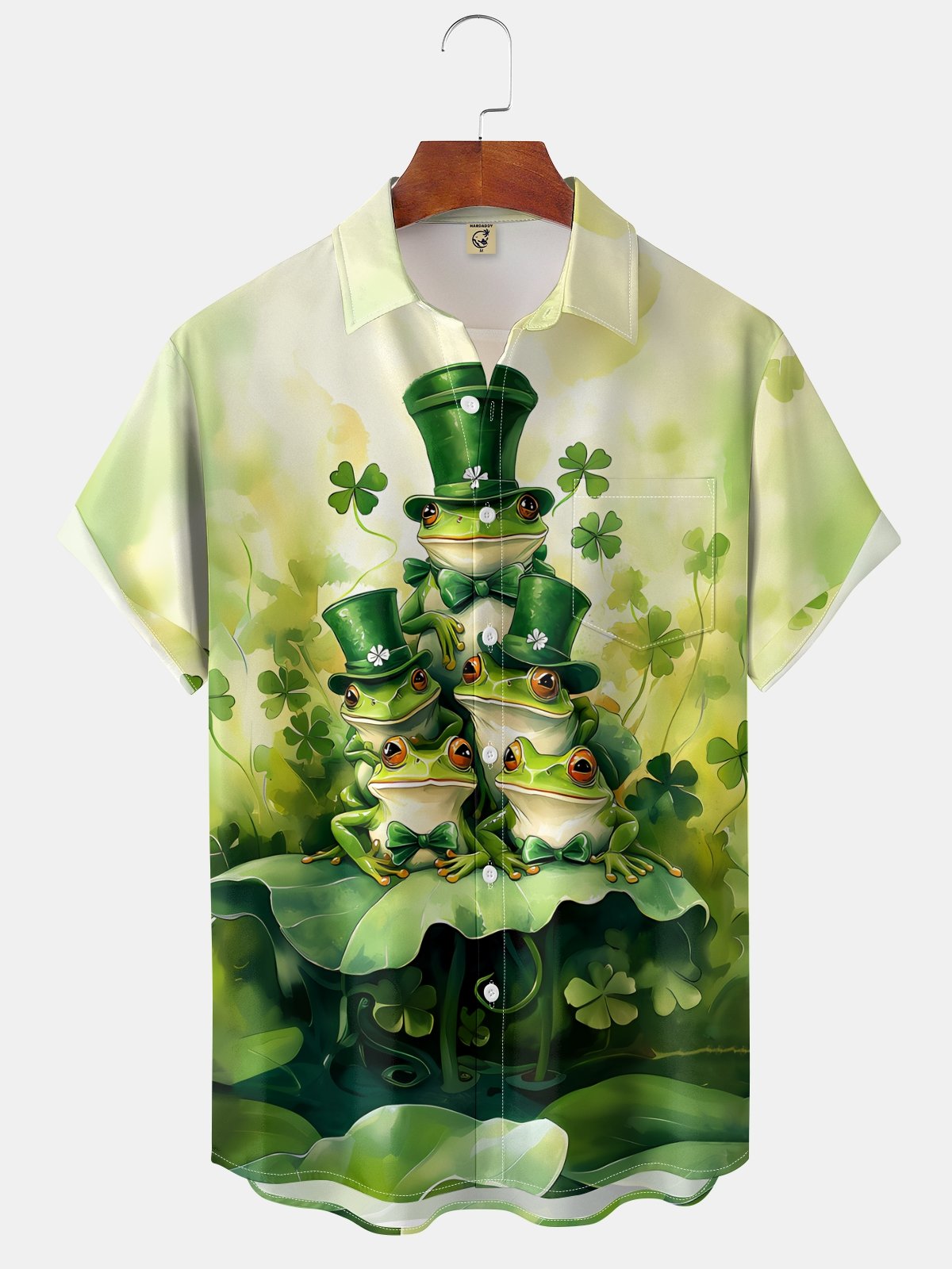 Moisture-wicking St. Patrick's Day Frog Family Four-Leaf Clover Green Chest Pocket Hawaiian Shirt