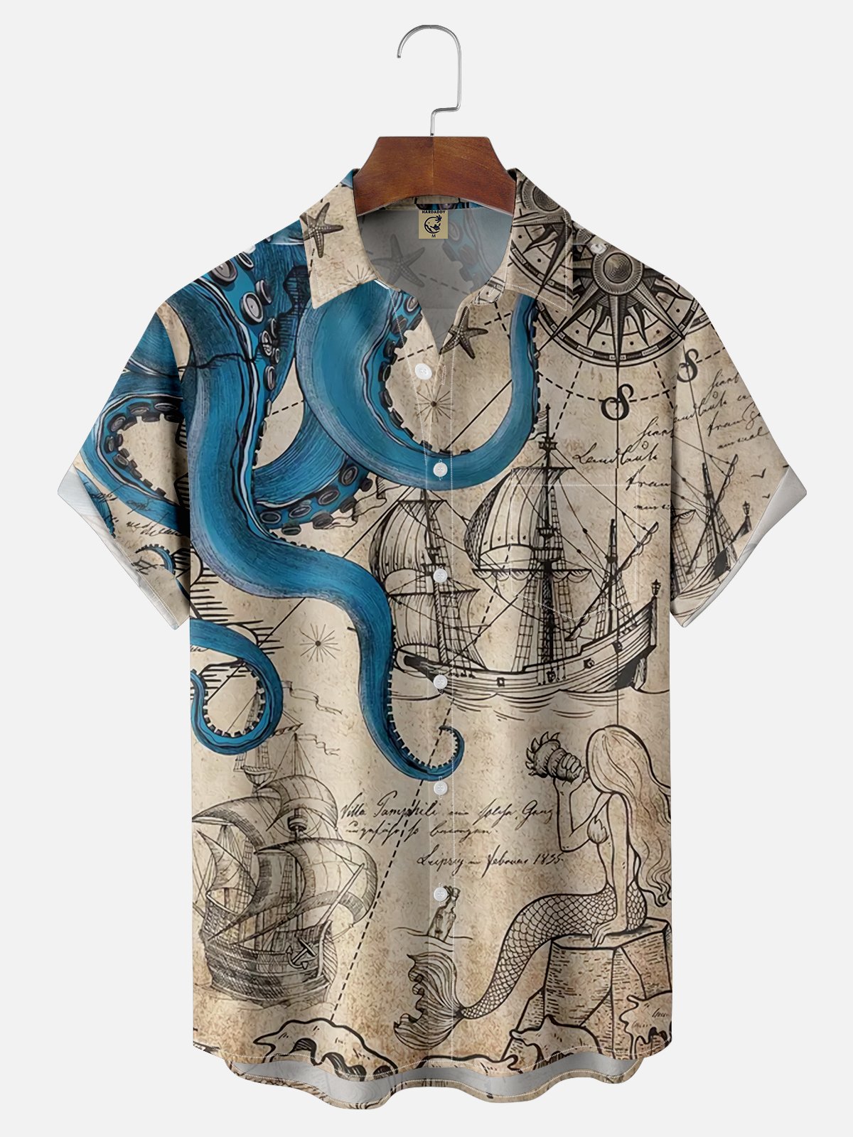 Moisture Wicking Hawaiian Octopus Map Chest Pocket Casual Shirt