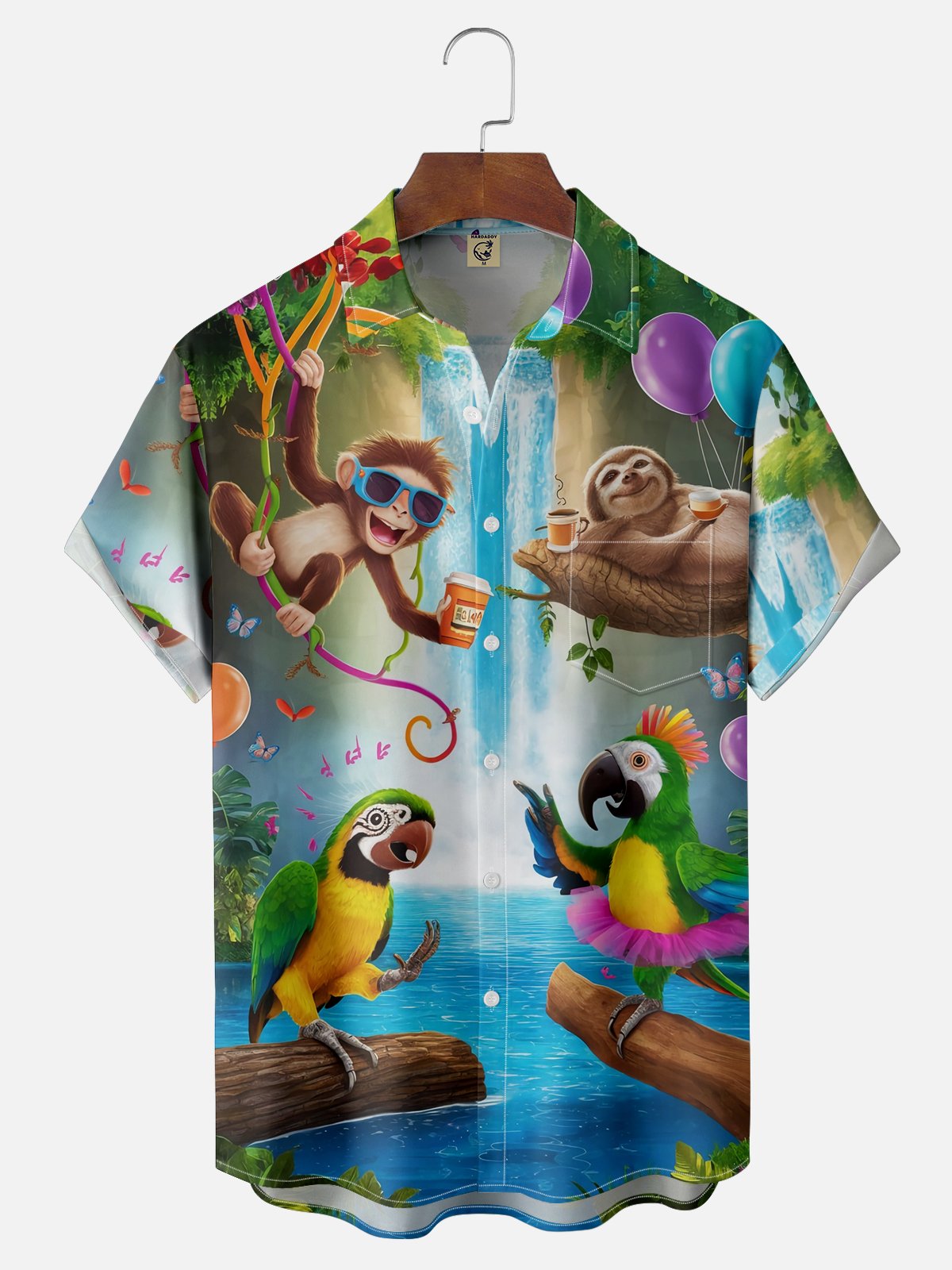 Moisture Wicking Hawaiian Parrot Monkey Sloth Chest Pocket Casual Shirt