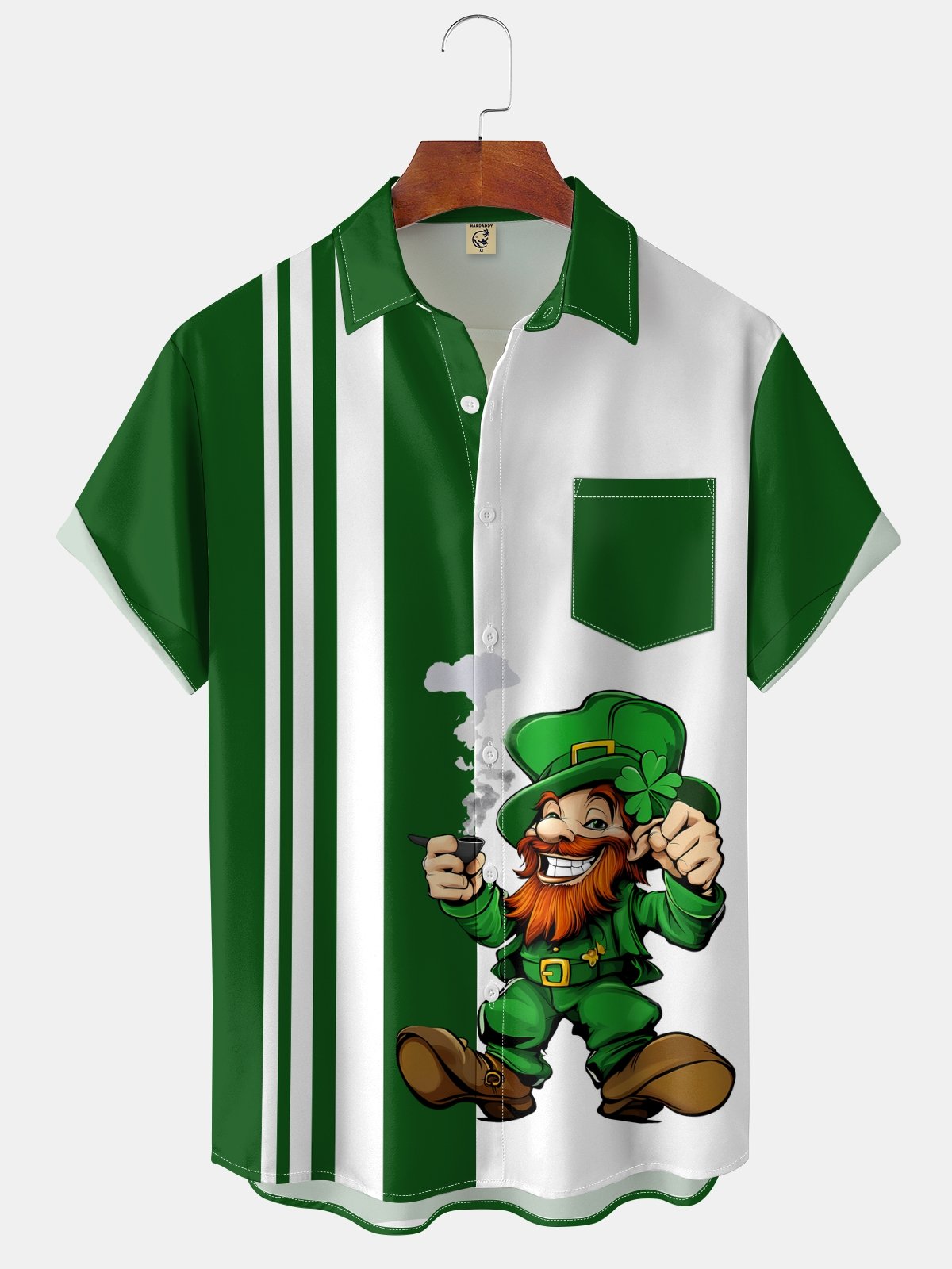 Moisture-wicking St. Patrick's Day Gnome Clover Green Chest Pocket Bowling Shirt