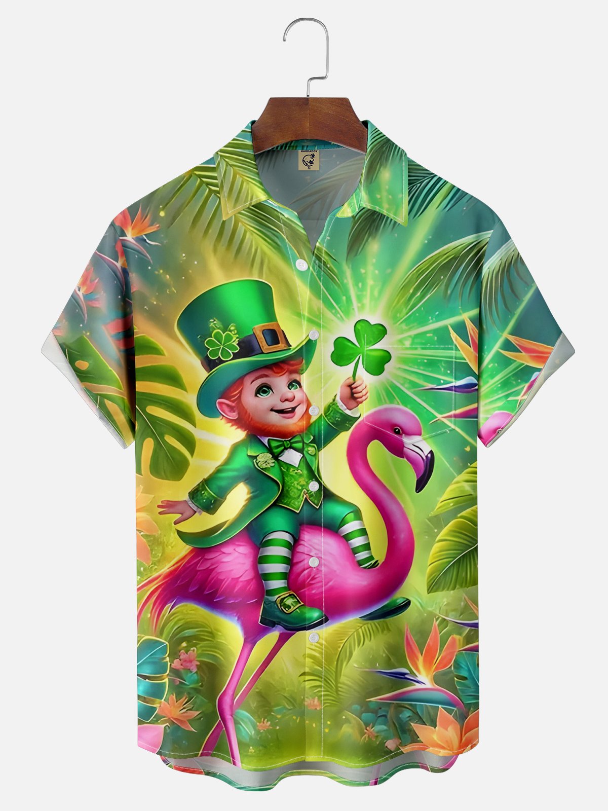 Moisture Wicking St. Patrick's Day Pygmy Hawaiian Flamingo Chest Pocket Casual Shirt