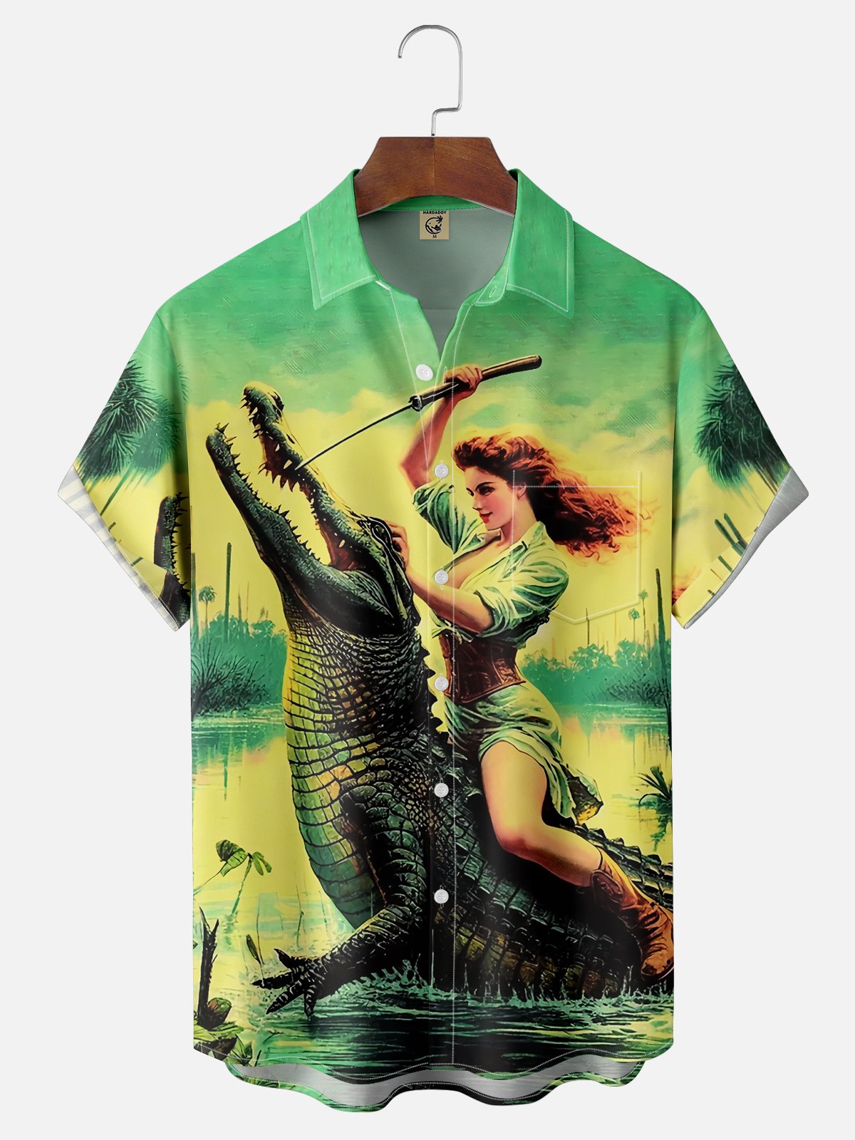 Moisture Wicking Hawaiian Beauty Crocodile Music Party Chest Pocket Casual Shirt