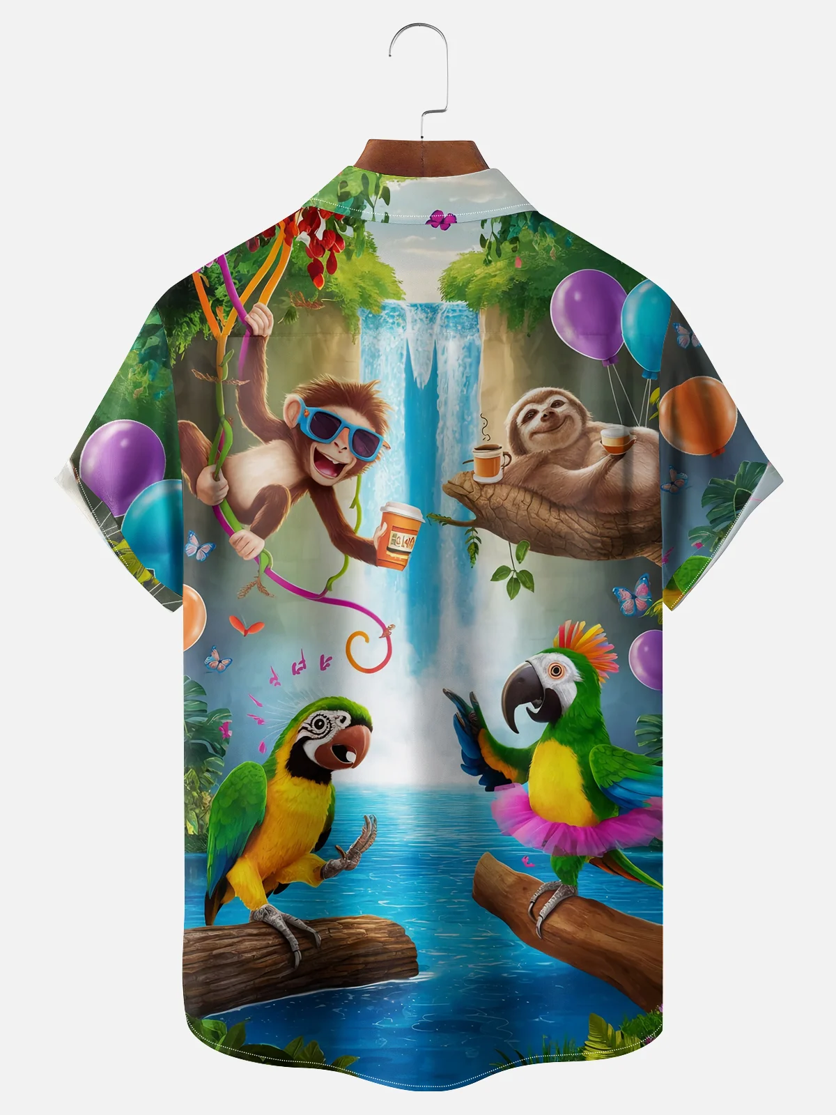 Moisture Wicking Hawaiian Parrot Monkey Sloth Chest Pocket Casual Shirt