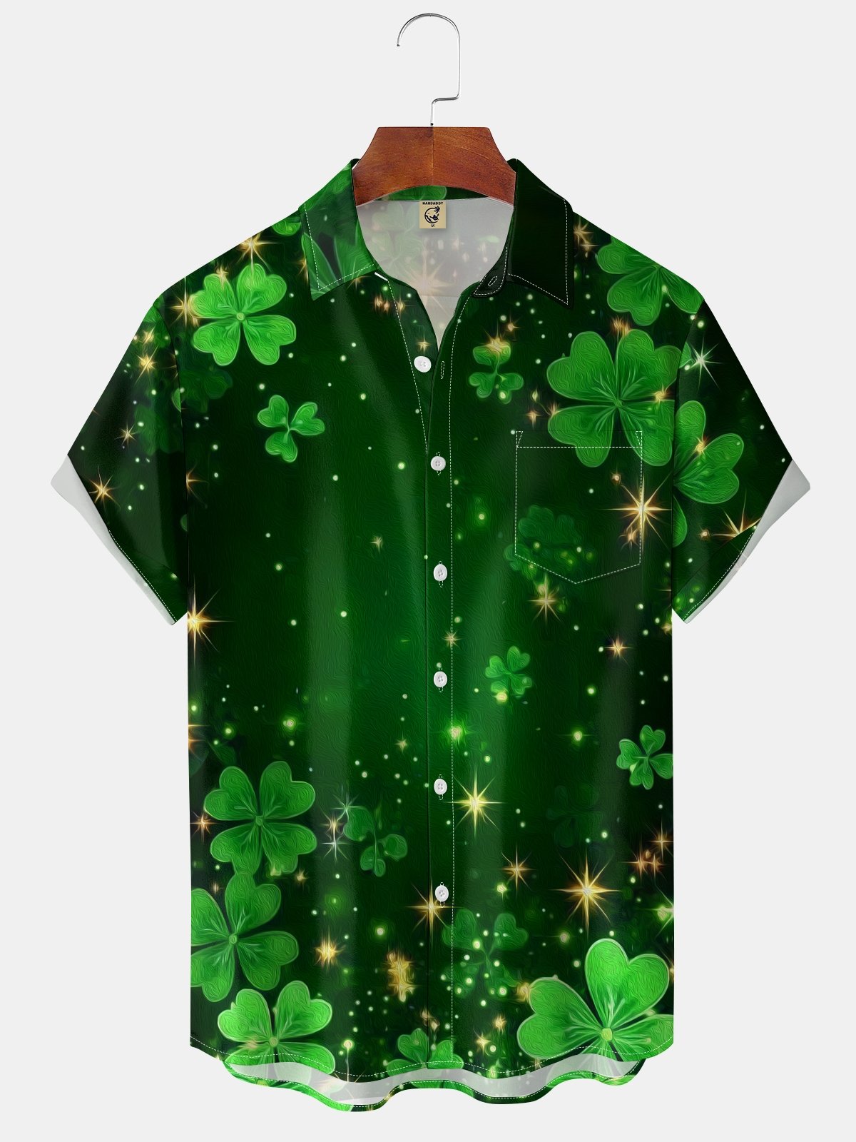 Moisture-wicking St. Patrick's Day Four Leaf Clover Green Art Chest Pocket Hawaiian Shirt