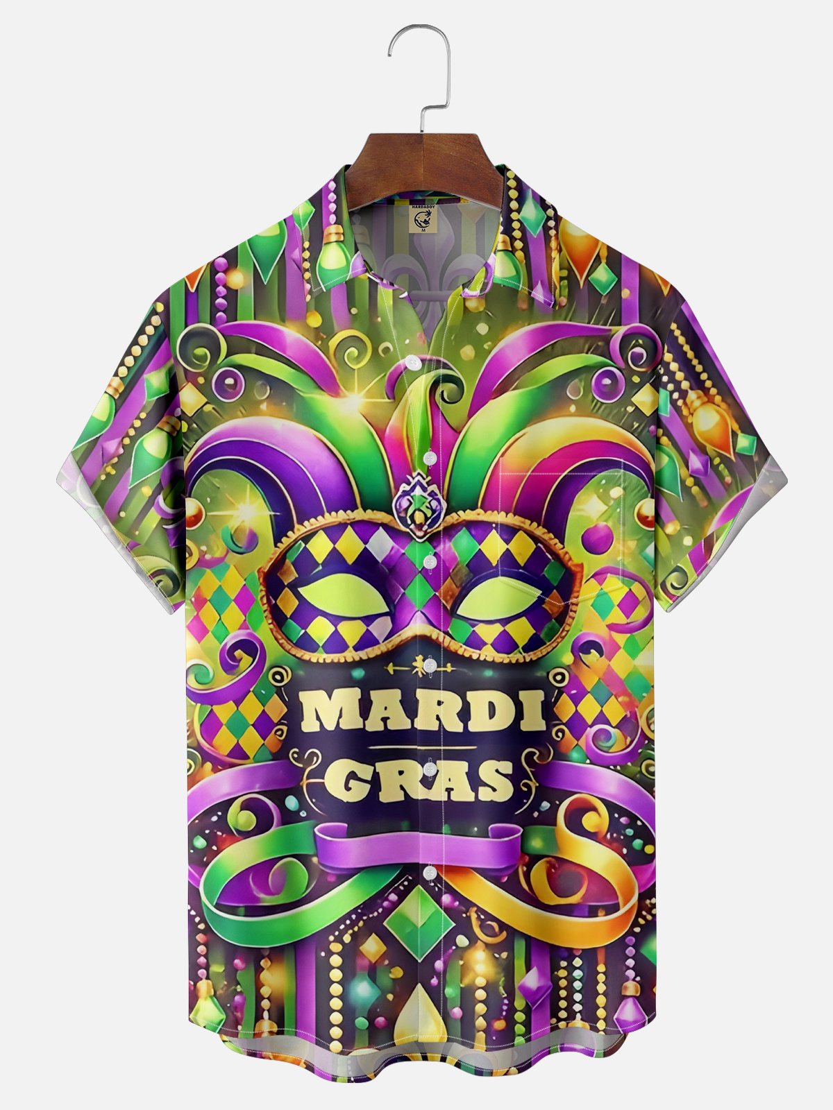 Moisture Wicking Mardi Gras Mask Chest Pocket Casual Hawaiian Shirt