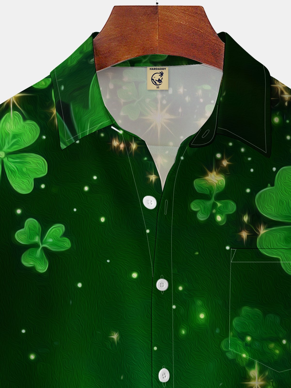 Moisture-wicking St. Patrick's Day Four Leaf Clover Green Art Chest Pocket Hawaiian Shirt