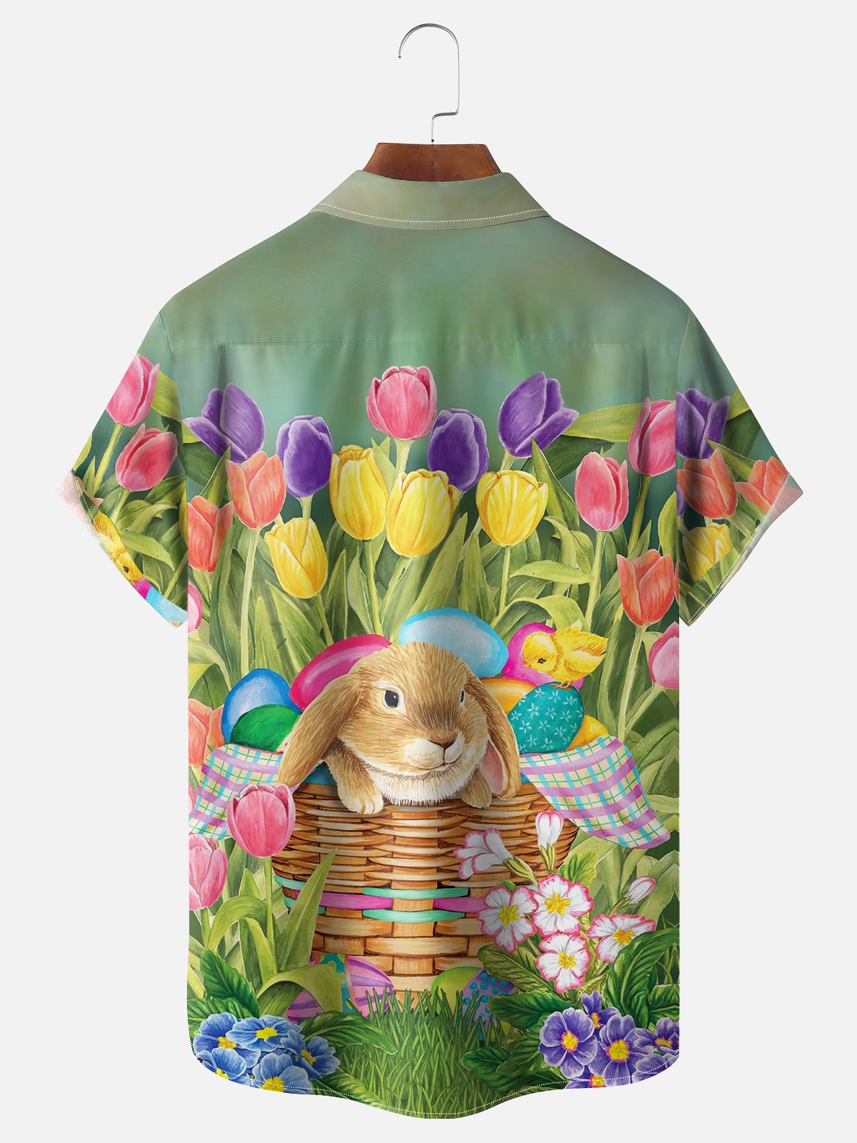 Moisture-wicking Easter Rabbit Eggs Flowers Chest Pocket Casual Shirt