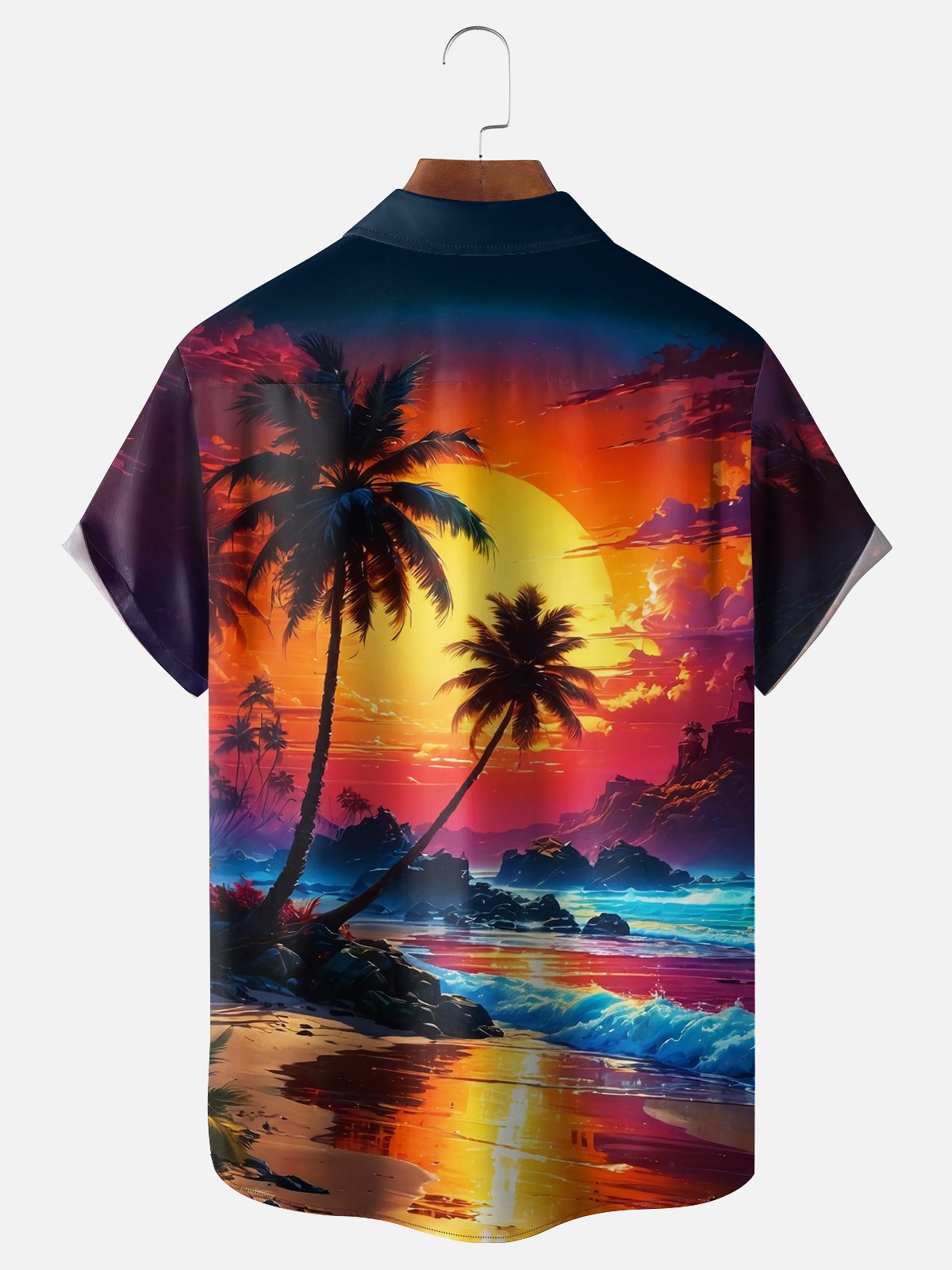 Moisture-wicking Beach Coconut Trees Sunset Chest Pocket Hawaiian Shirt