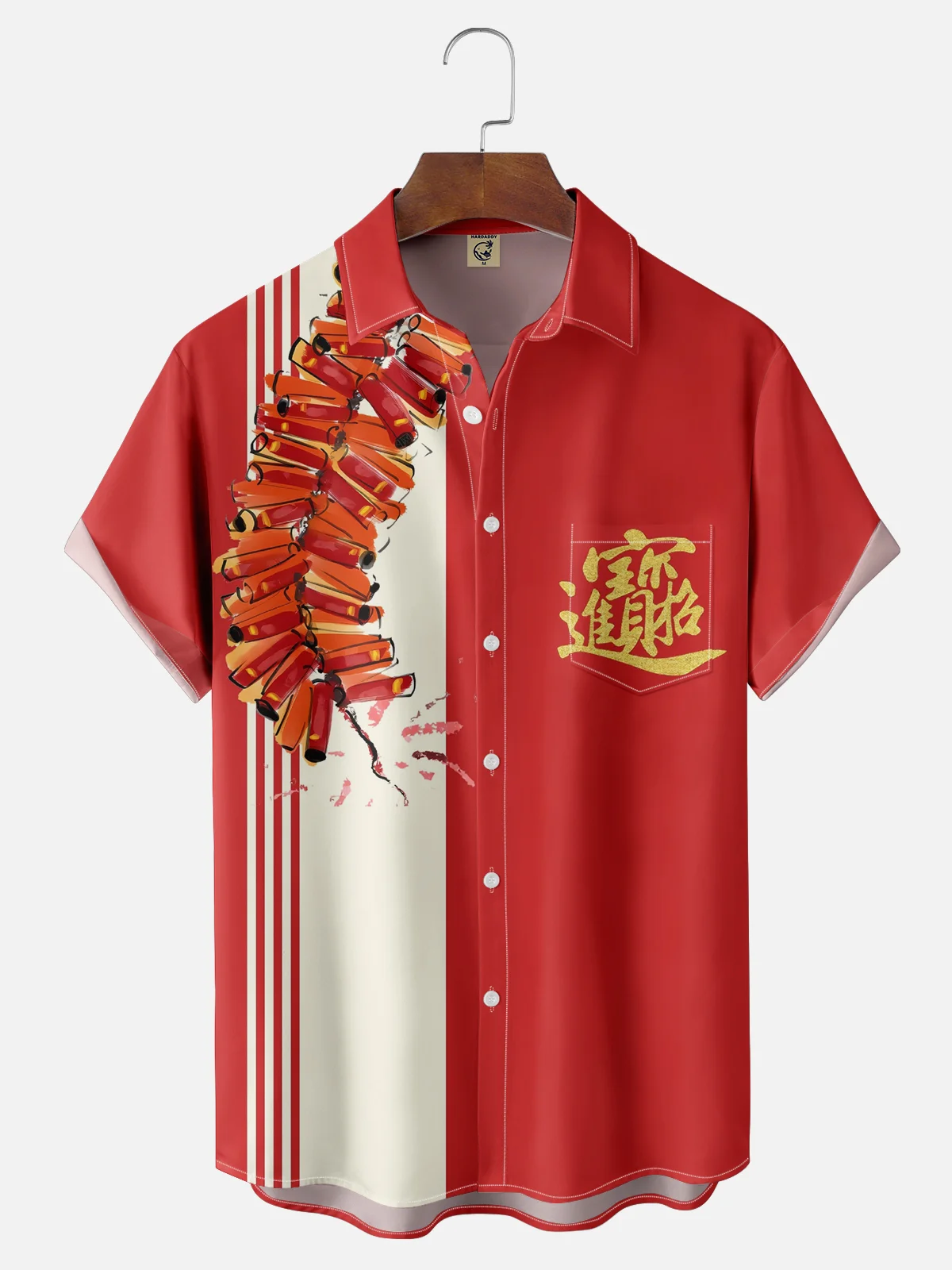 Moisture-wicking Lunar New Year Artistic Font Firecracker Red Chest Pocket Bowling Shirt