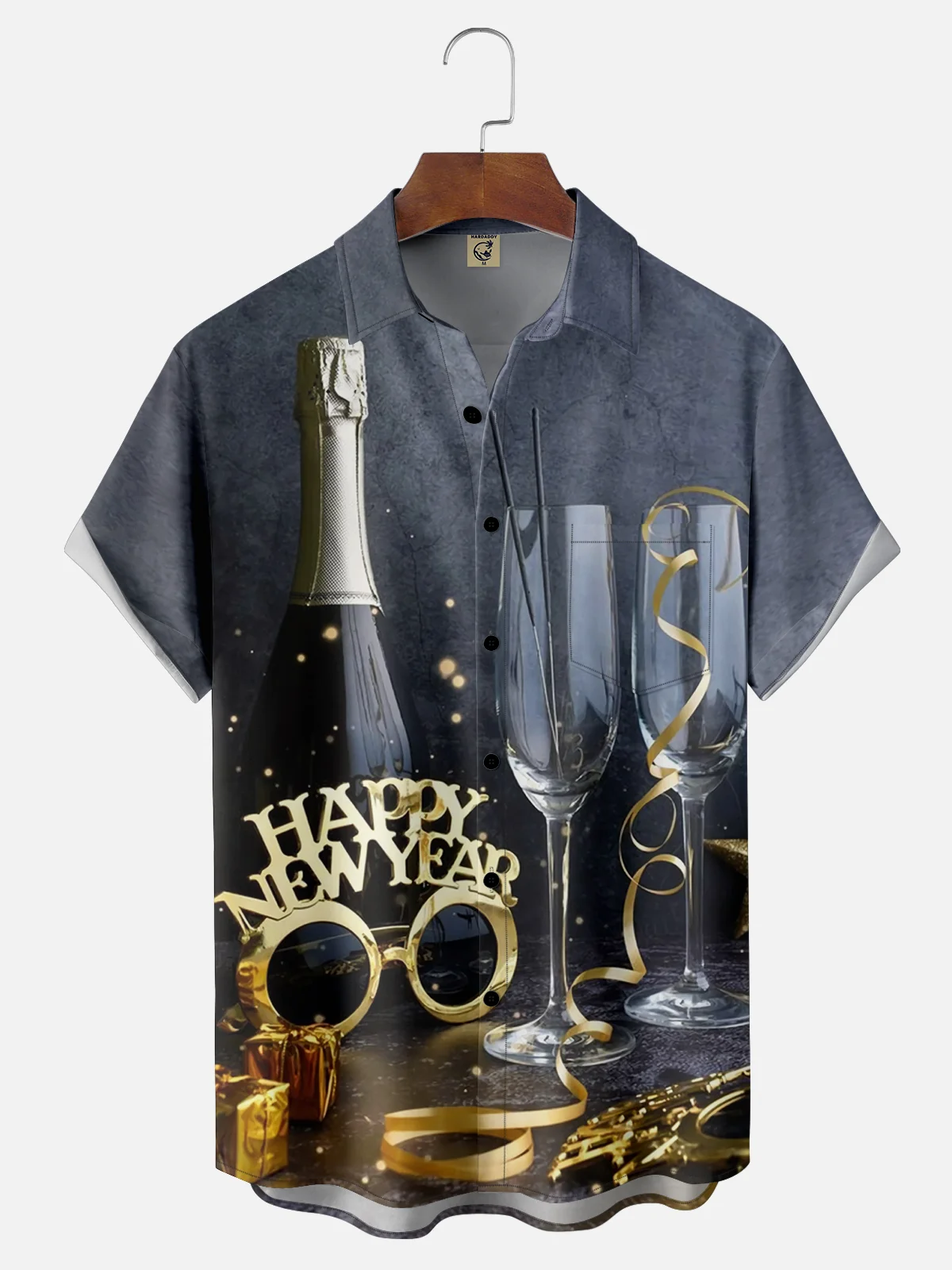 Moisture-wicking Happy New Year Champagne Chest Pocket Hawaiian Shirt