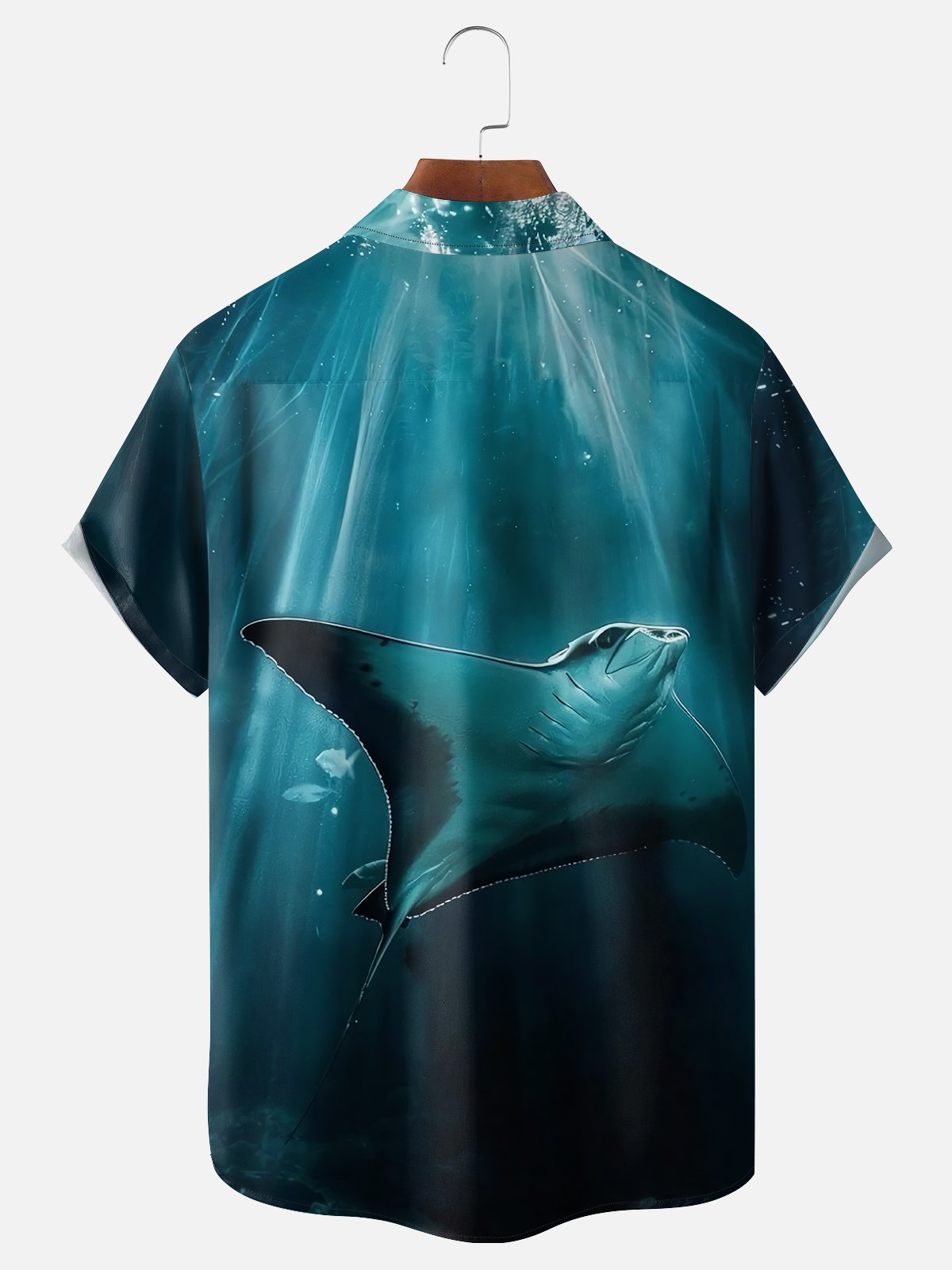 Moisture-wicking Ocean Art Manta Blue Chest Pocket Hawaiian Shirt