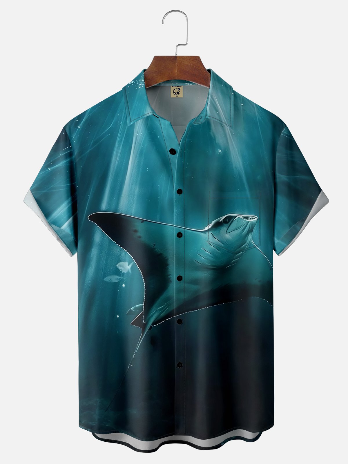 Moisture-wicking Ocean Art Manta Blue Chest Pocket Hawaiian Shirt