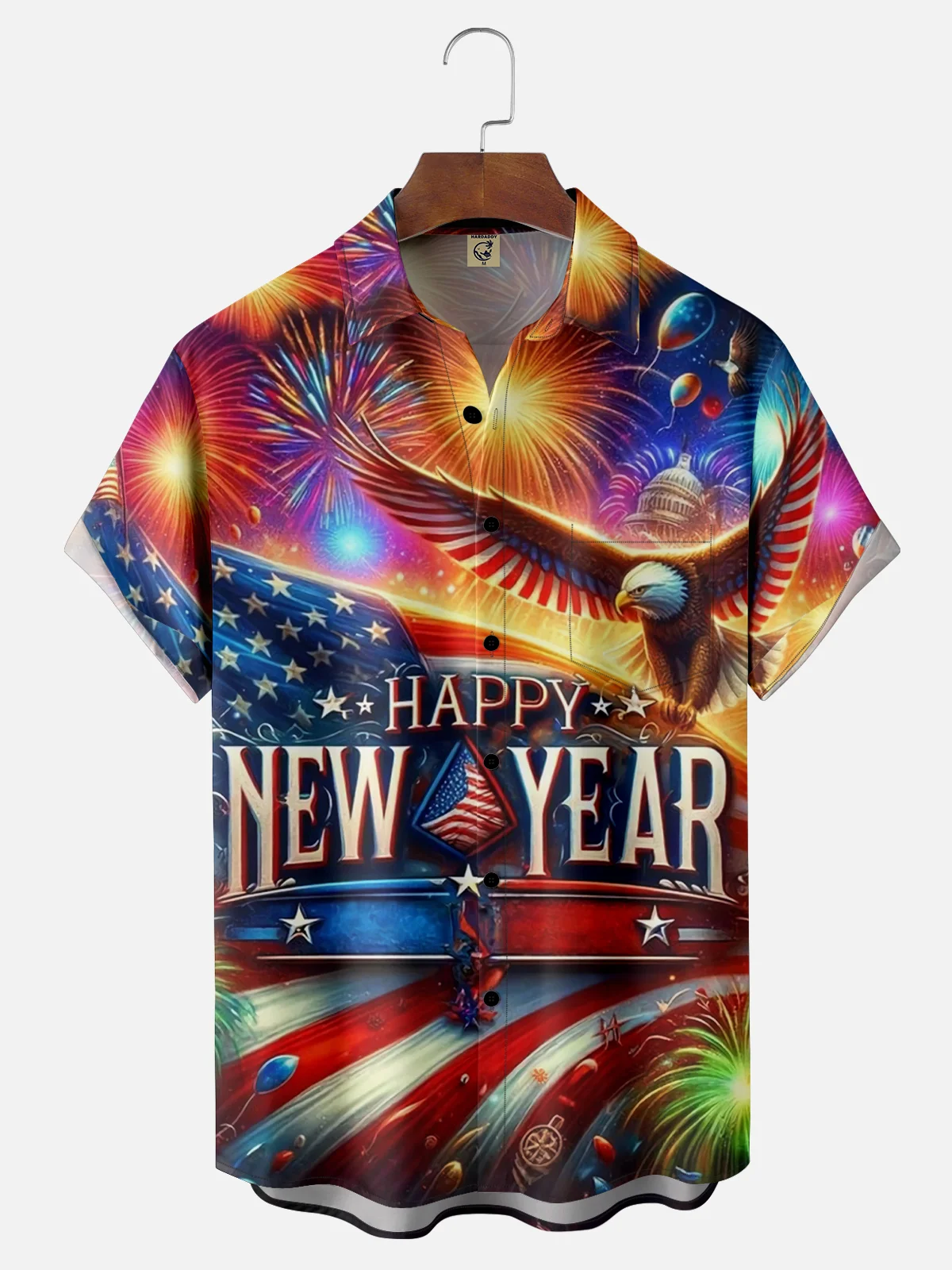 Moisture-wicking Happy New Year American Flag Fireworks Chest Pocket Hawaiian Shirt