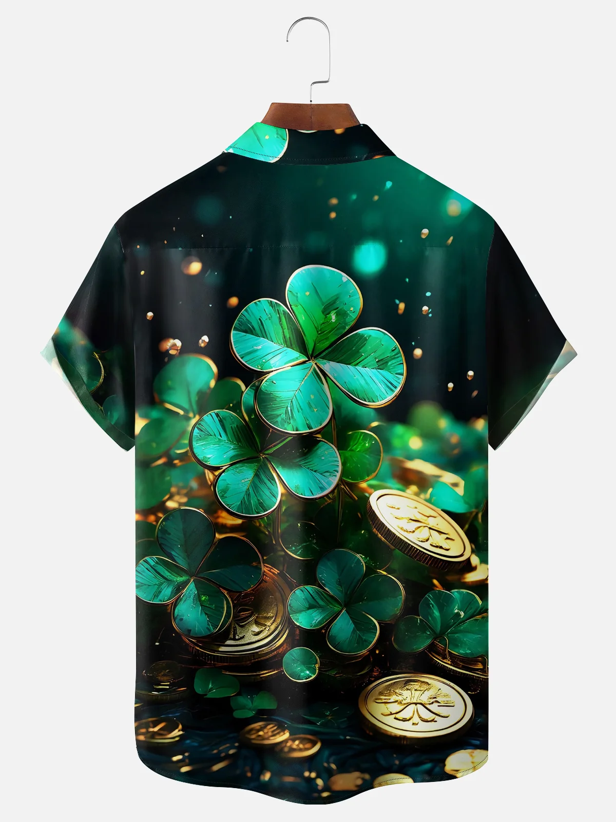 Moisture-wicking St. Patrick's Day Four Leaf Clover Gold Coin Chest Pocket Casual Shirt