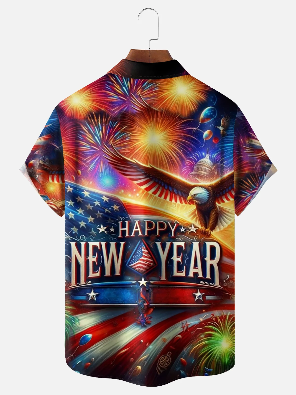 Moisture-wicking Happy New Year American Flag Fireworks Chest Pocket Hawaiian Shirt