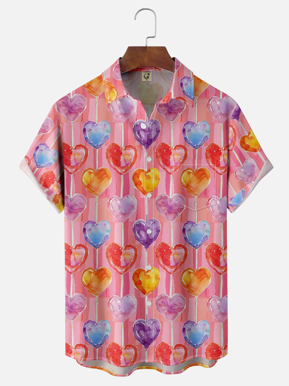 Moisture-wicking Valentine's Day Heart Candy Stripes Chest Pocket Casual Shirt