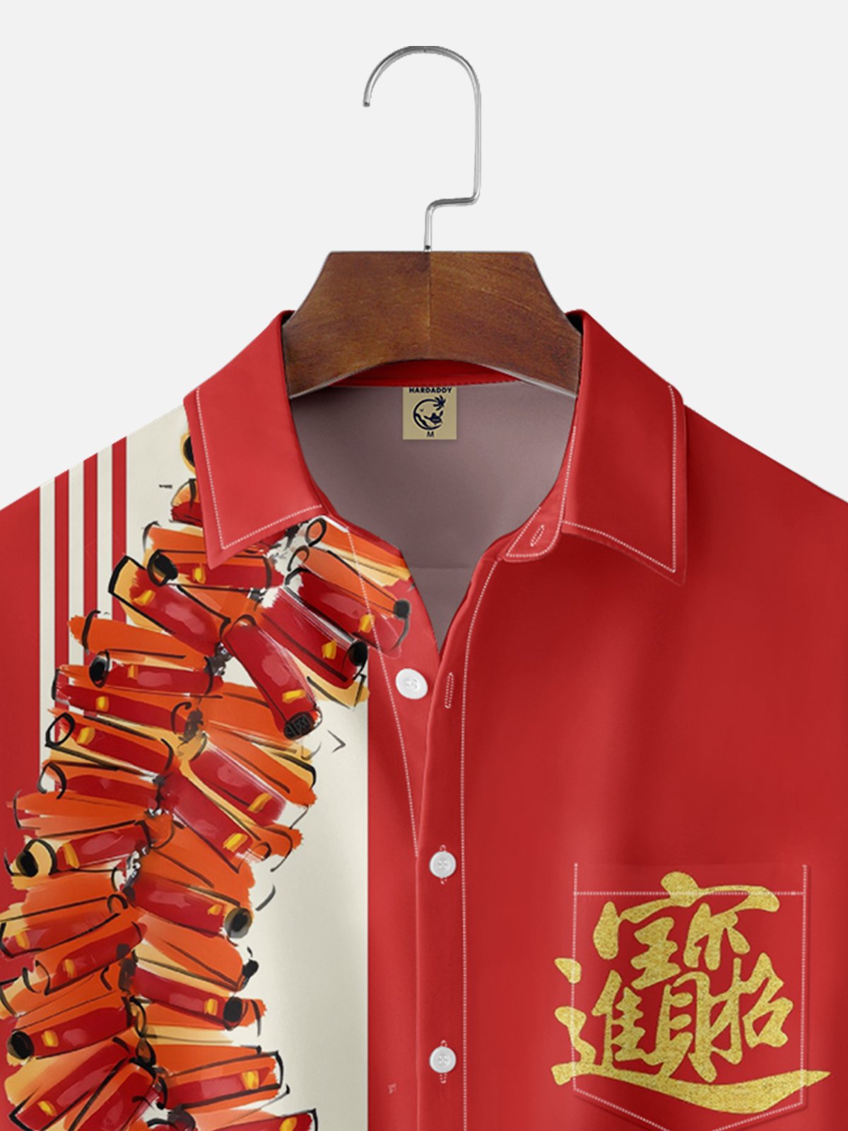 Moisture-wicking Lunar New Year Artistic Font Firecracker Red Chest Pocket Bowling Shirt