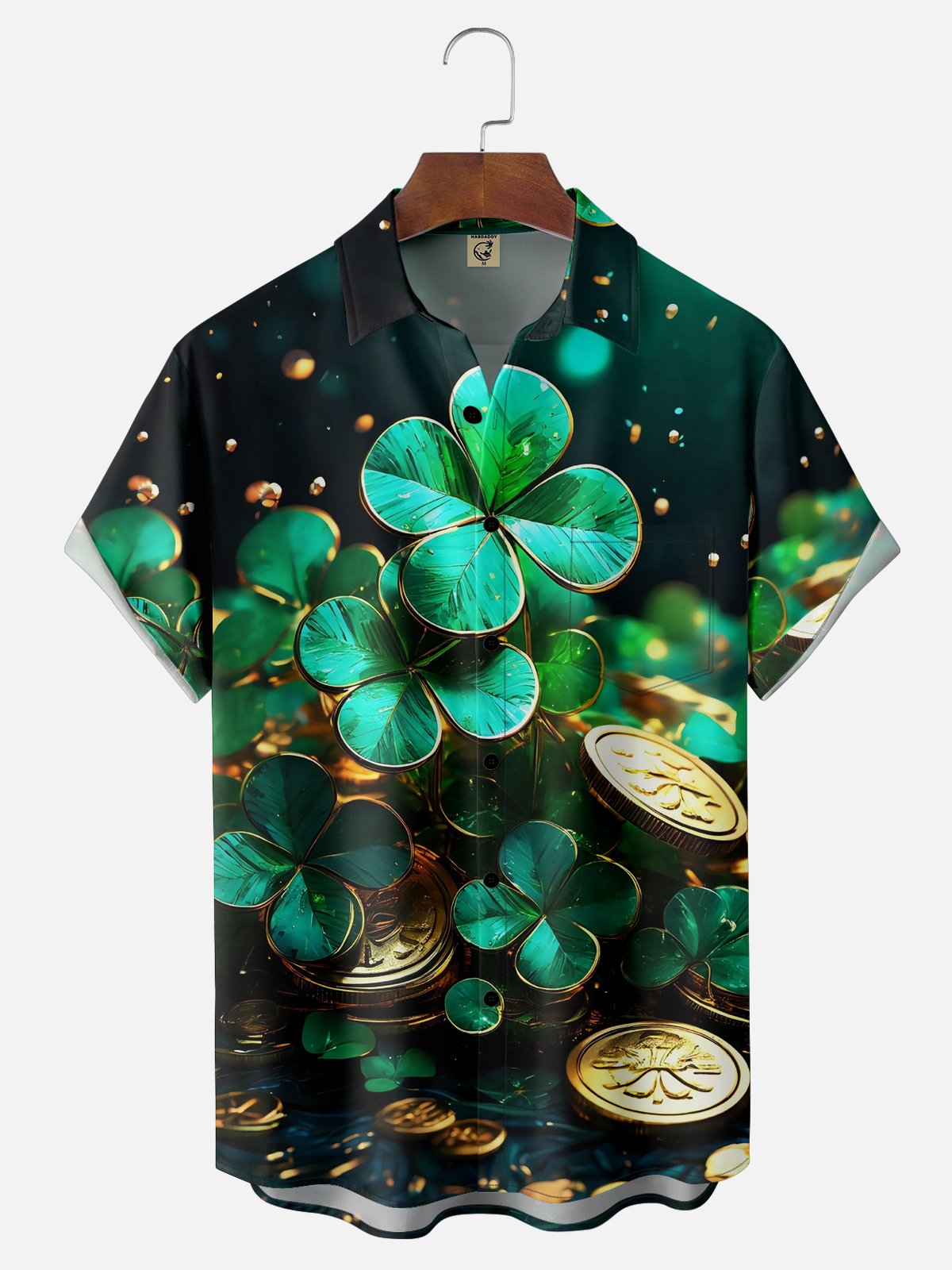 Moisture-wicking St. Patrick's Day Four Leaf Clover Gold Coin Chest Pocket Casual Shirt