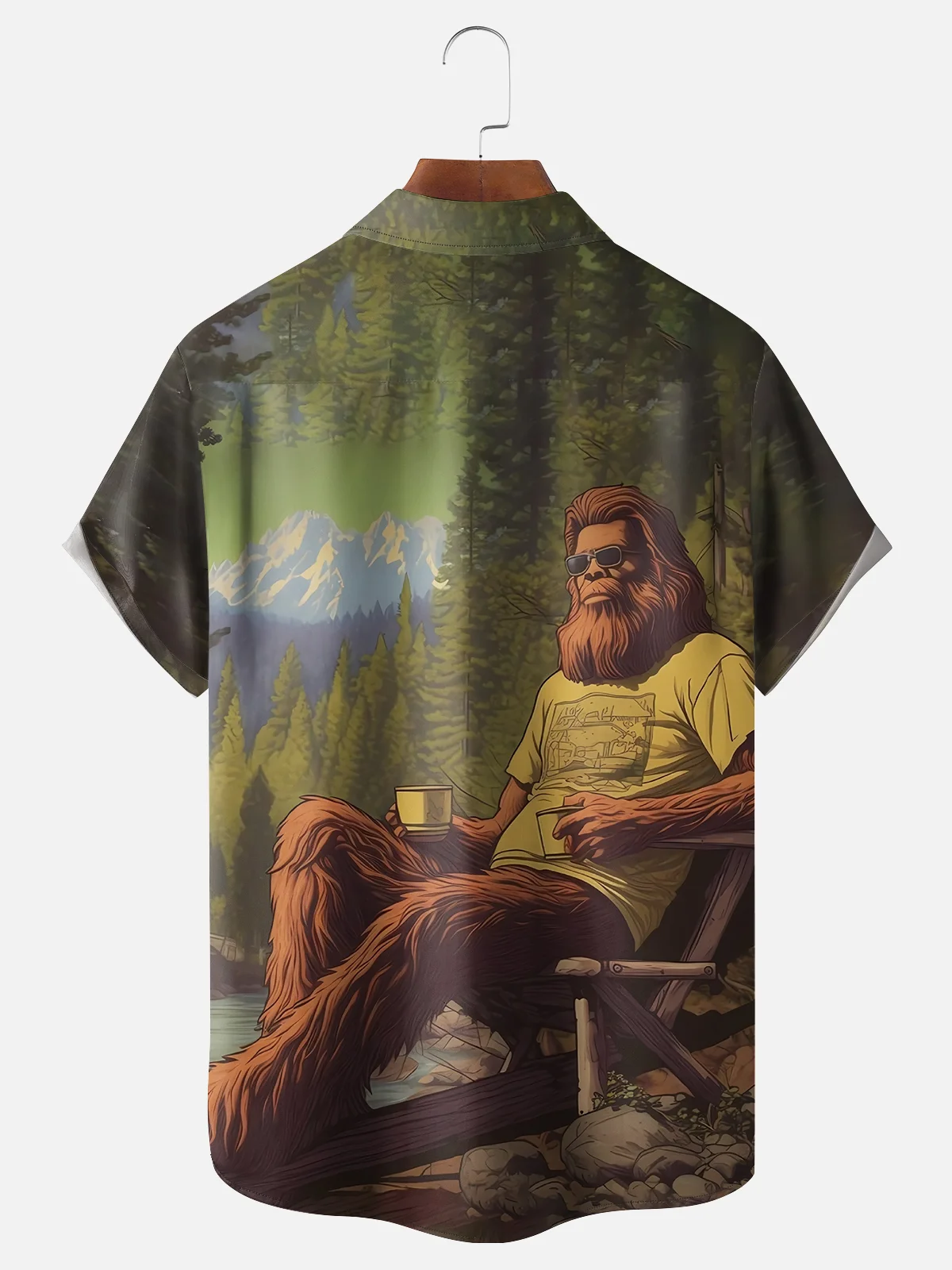 Moisture-wicking Bigfoot Forest Vacation Chest Pocket Hawaiian Shirt