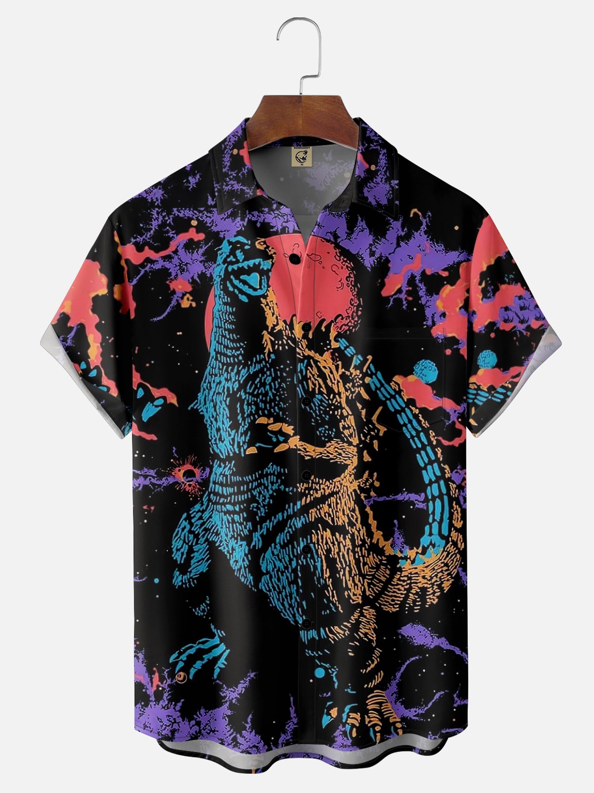 Moisture-wicking Godzilla Art Illustration Chest Pocket Hawaiian Shirt