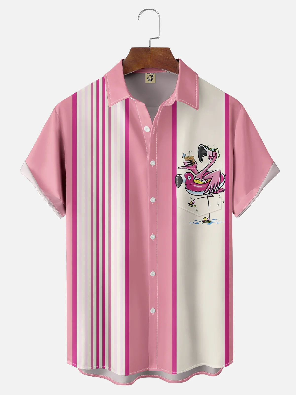 Moisture-wicking Flamingo Vacation Pink Chest Pocket Bowling Shirt