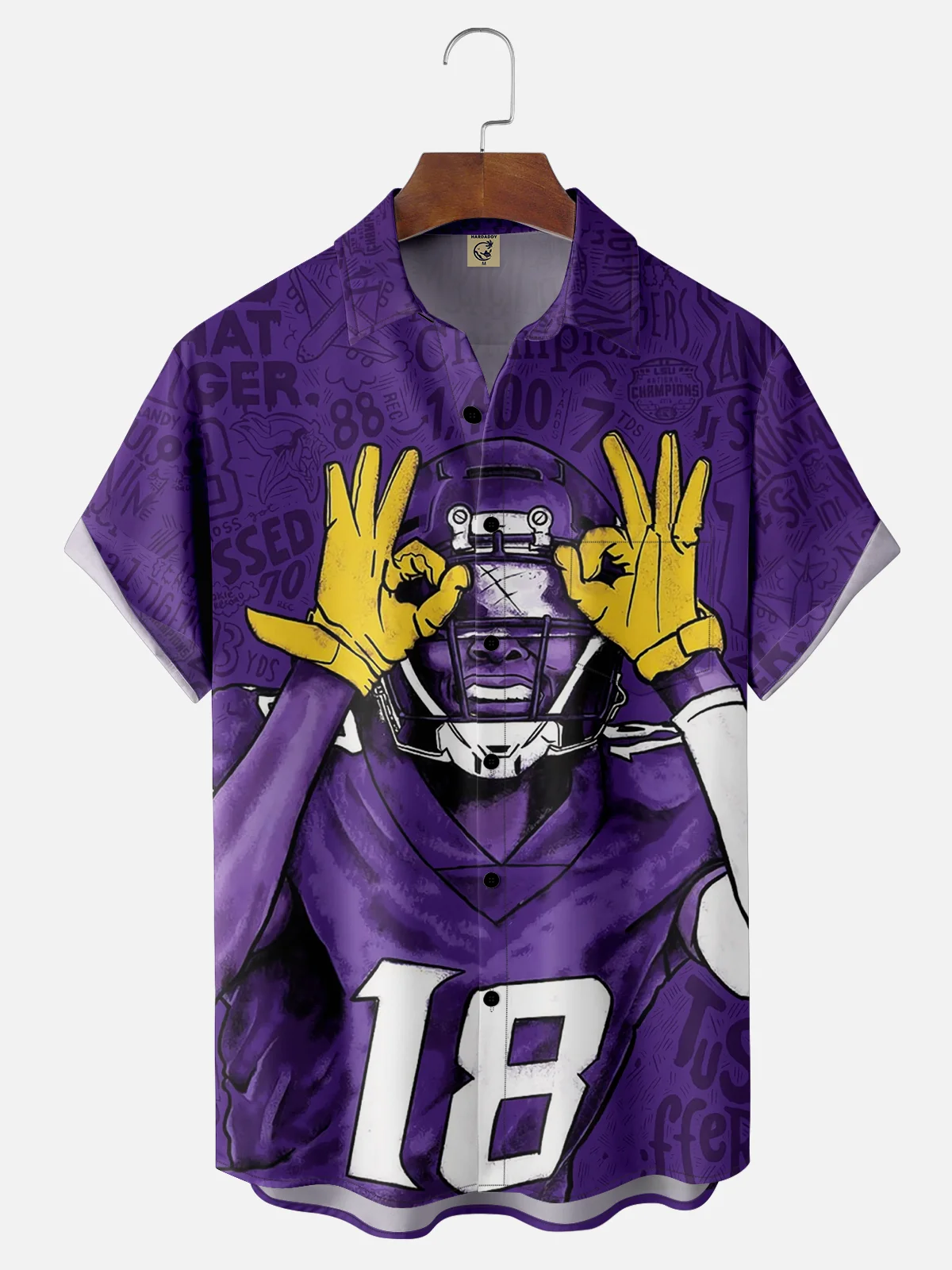 Moisture-wicking American Football Character Art Purple Chest Pocket Hawaiian Shirt