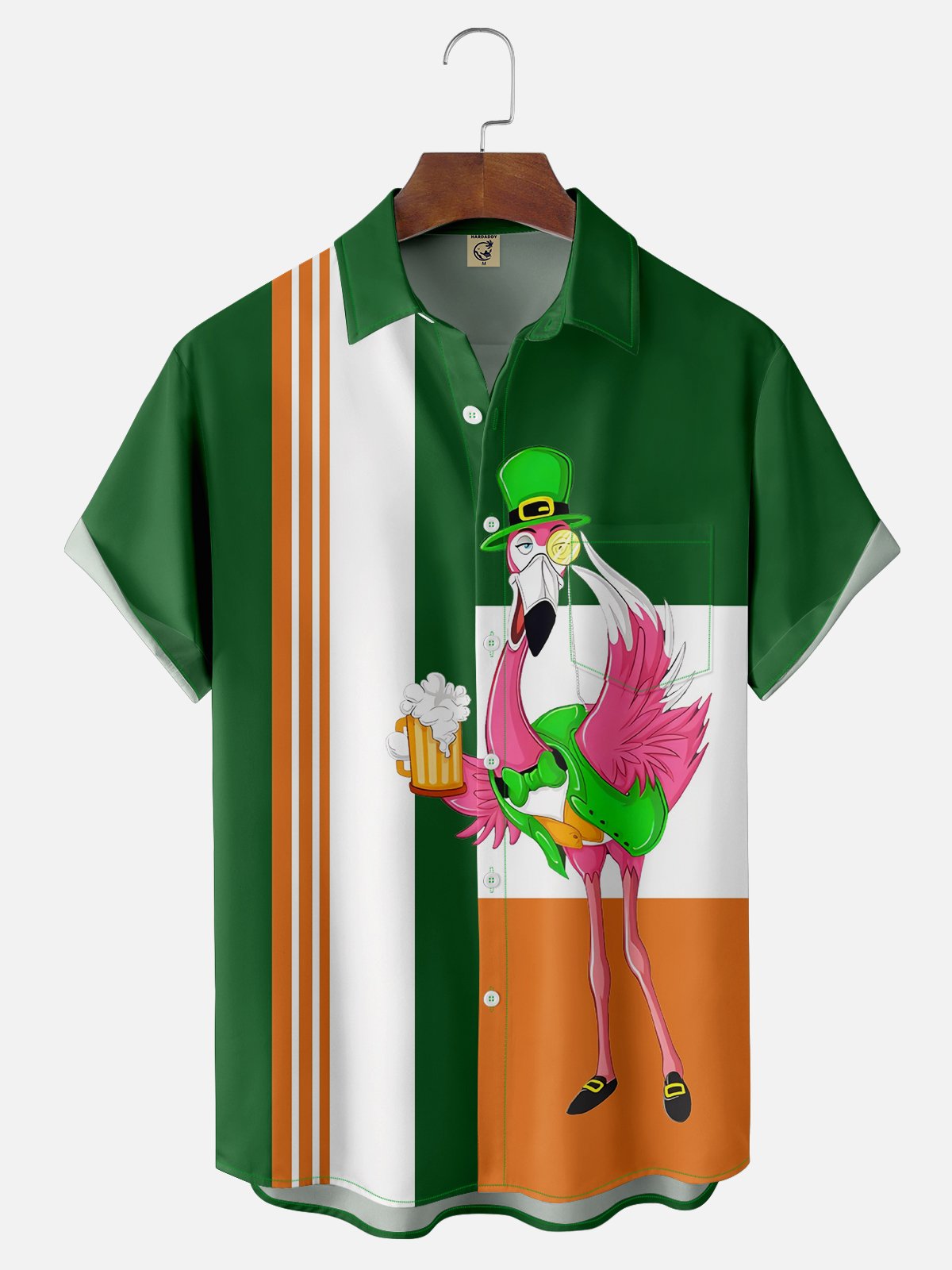 Moisture-wicking St. Patrick's Day Flamingo Beer Chest Pocket Bowling Shirt